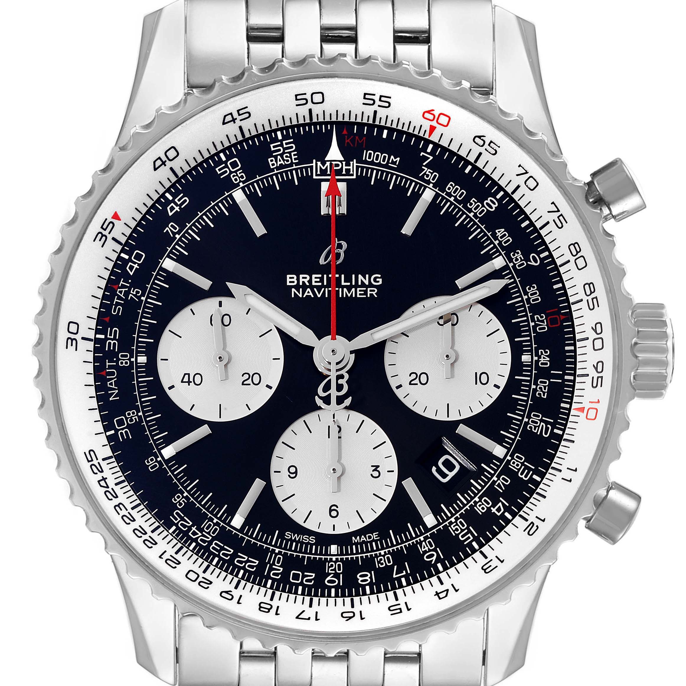 The image shows a front view of the Breitling Navitimer AB0121 Men's Stainless Steel Black Dial AB0121 Men's Stainless Steel Black Dial watch, highlighting its black dial, chronograph sub-dials, and stainless steel bracelet.