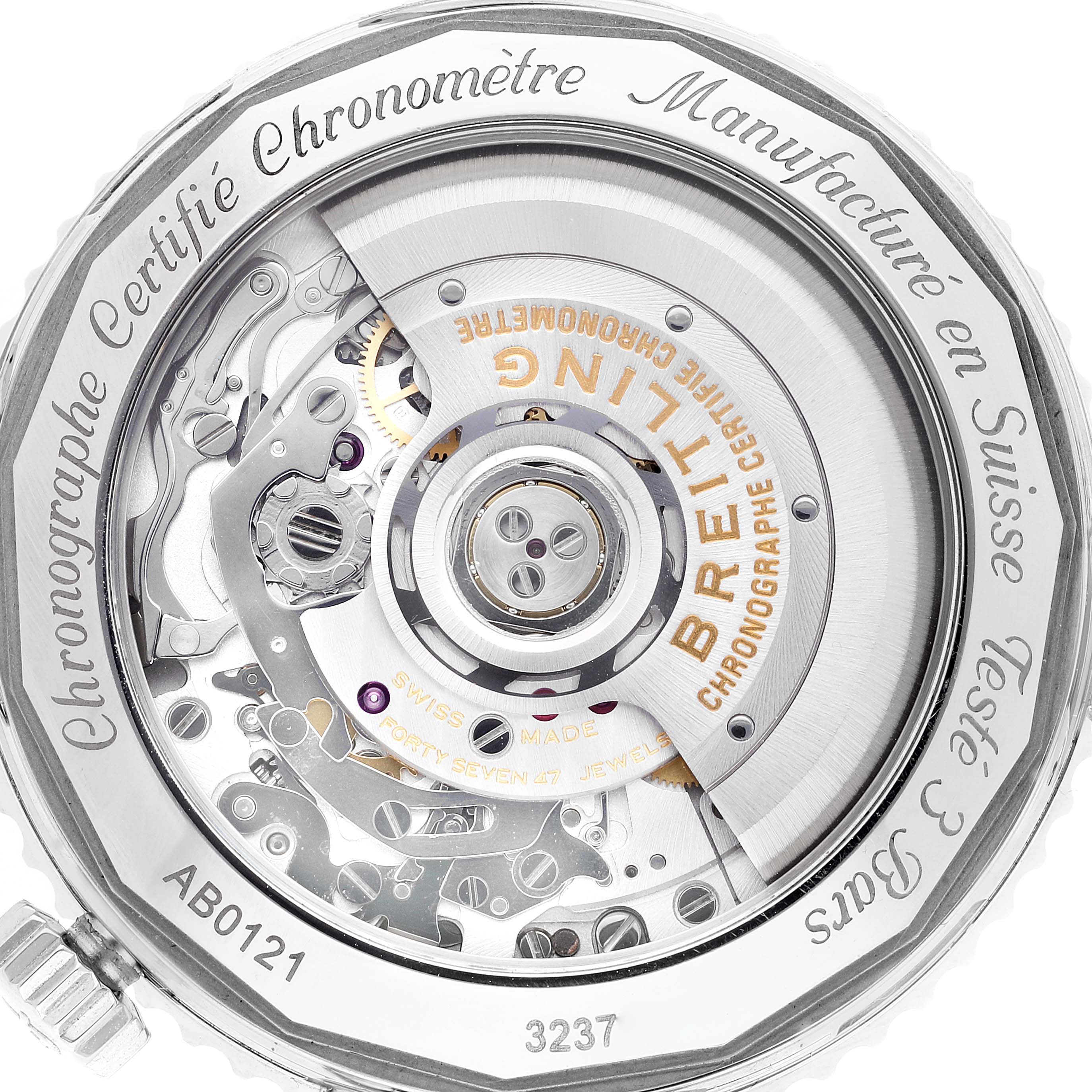 This is the rear view of the Breitling Navitimer AB0121 Men's Stainless Steel Black Dial AB0121 Men's Stainless Steel Black Dial, showcasing its intricate movement mechanism and engraved details.