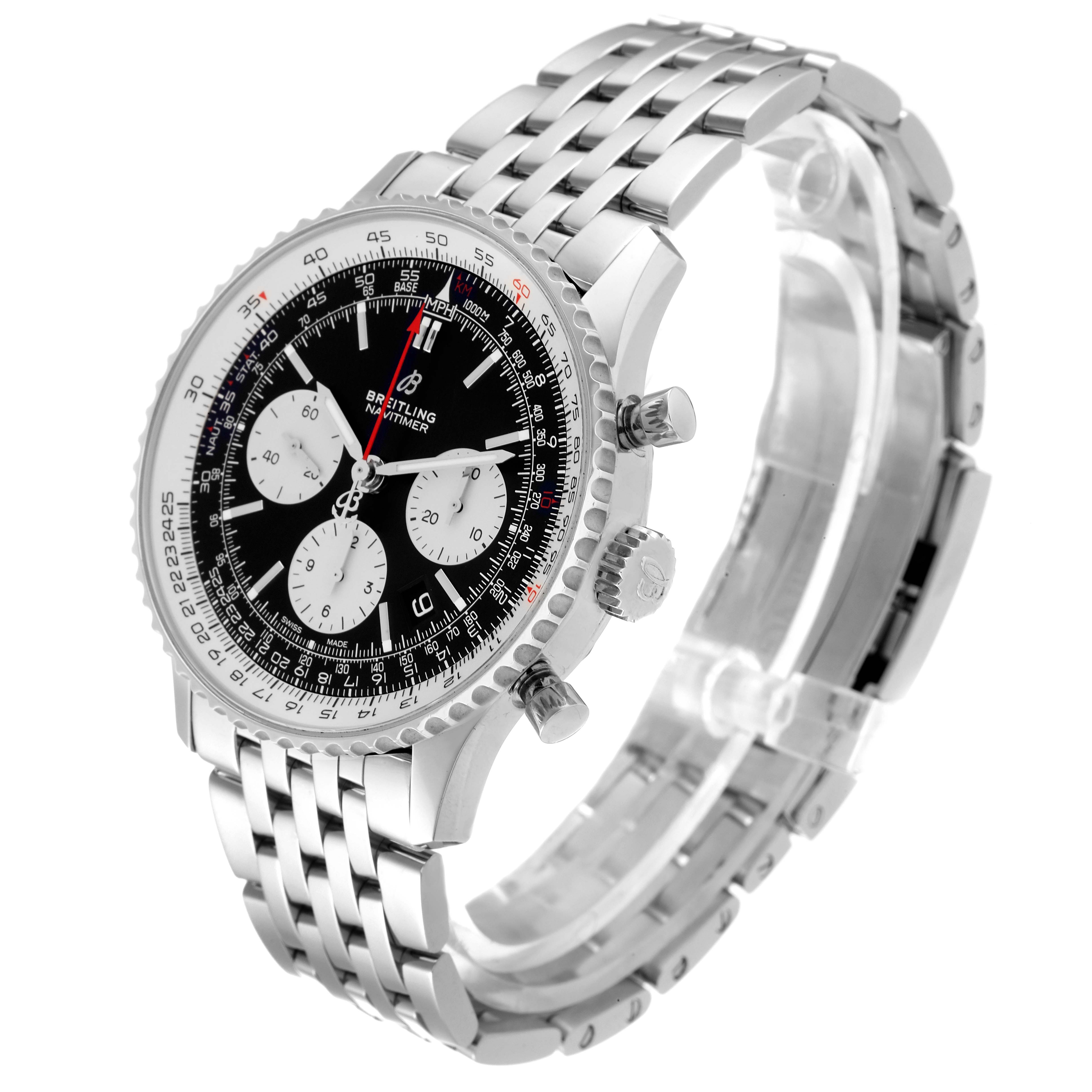 This image shows a Breitling Navitimer AB0121 Men's Stainless Steel Black Dial AB0121 Men's Stainless Steel Black Dial watch from a three-quarter angle, highlighting its face, bezel, crown, pushers, and bracelet.