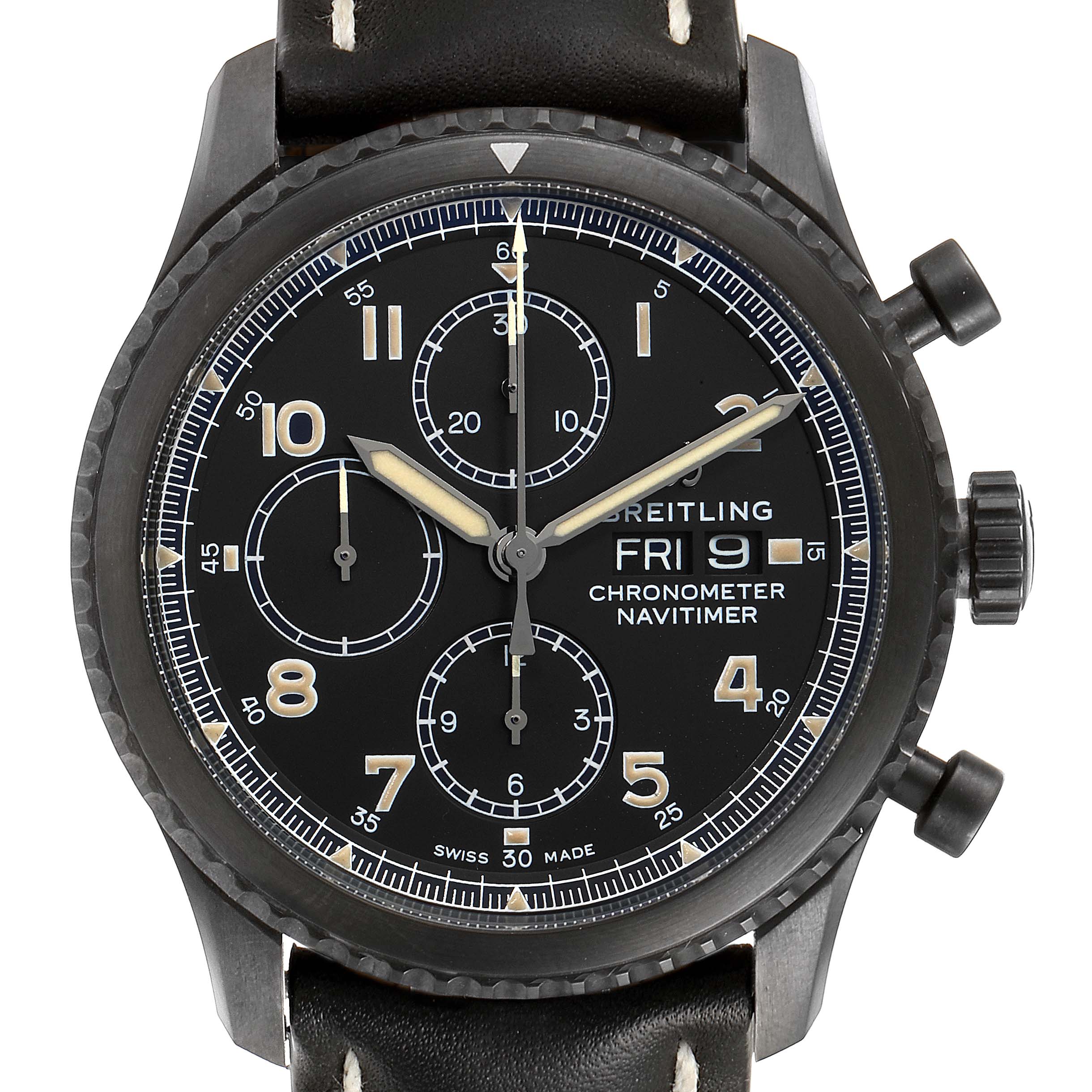 The image shows a front view of a Breitling Navitimer M13314101B1X1 Men
s Stainless Steel Black Dial M13314101B1X1 Men
s Stainless Steel Black Dial watch with a black dial, three subdials, and a date display.