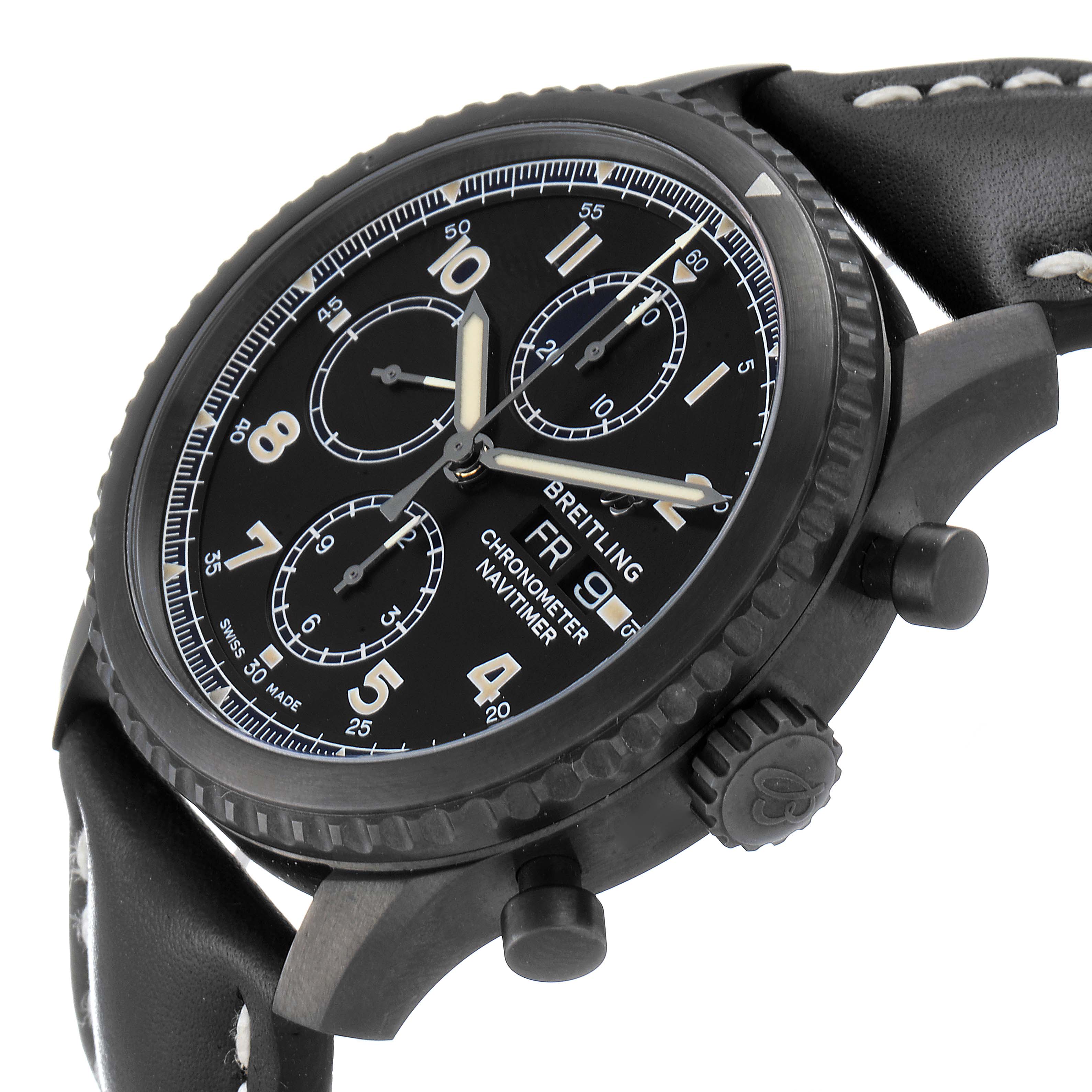 The image shows a close-up angled view of a Breitling Navitimer M13314101B1X1 Men
s Stainless Steel Black Dial M13314101B1X1 Men
s Stainless Steel Black Dial watch face, crown, and pushers.