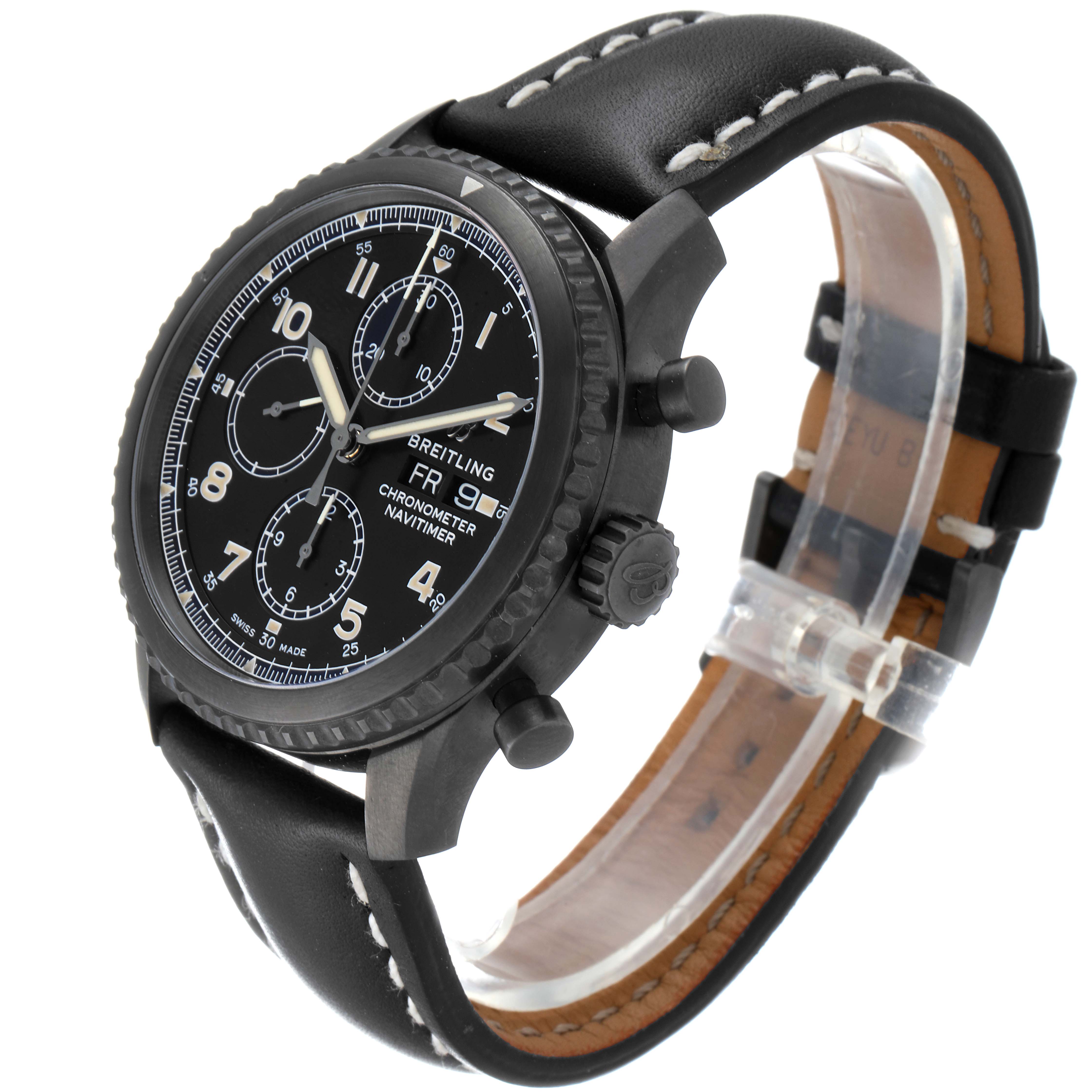 This image shows a Breitling Navitimer M13314101B1X1 Men
s Stainless Steel Black Dial M13314101B1X1 Men
s Stainless Steel Black Dial watch at a three-quarter angle, highlighting the dial, bezel, pushers, and leather strap.