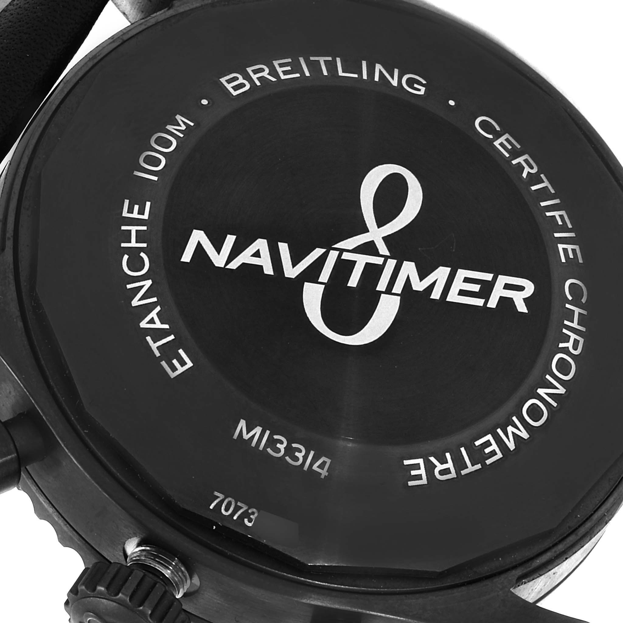 This image shows the back case of a Breitling Navitimer M13314101B1X1 Men
s Stainless Steel Black Dial M13314101B1X1 Men
s Stainless Steel Black Dial watch, highlighting its water resistance and certification information.