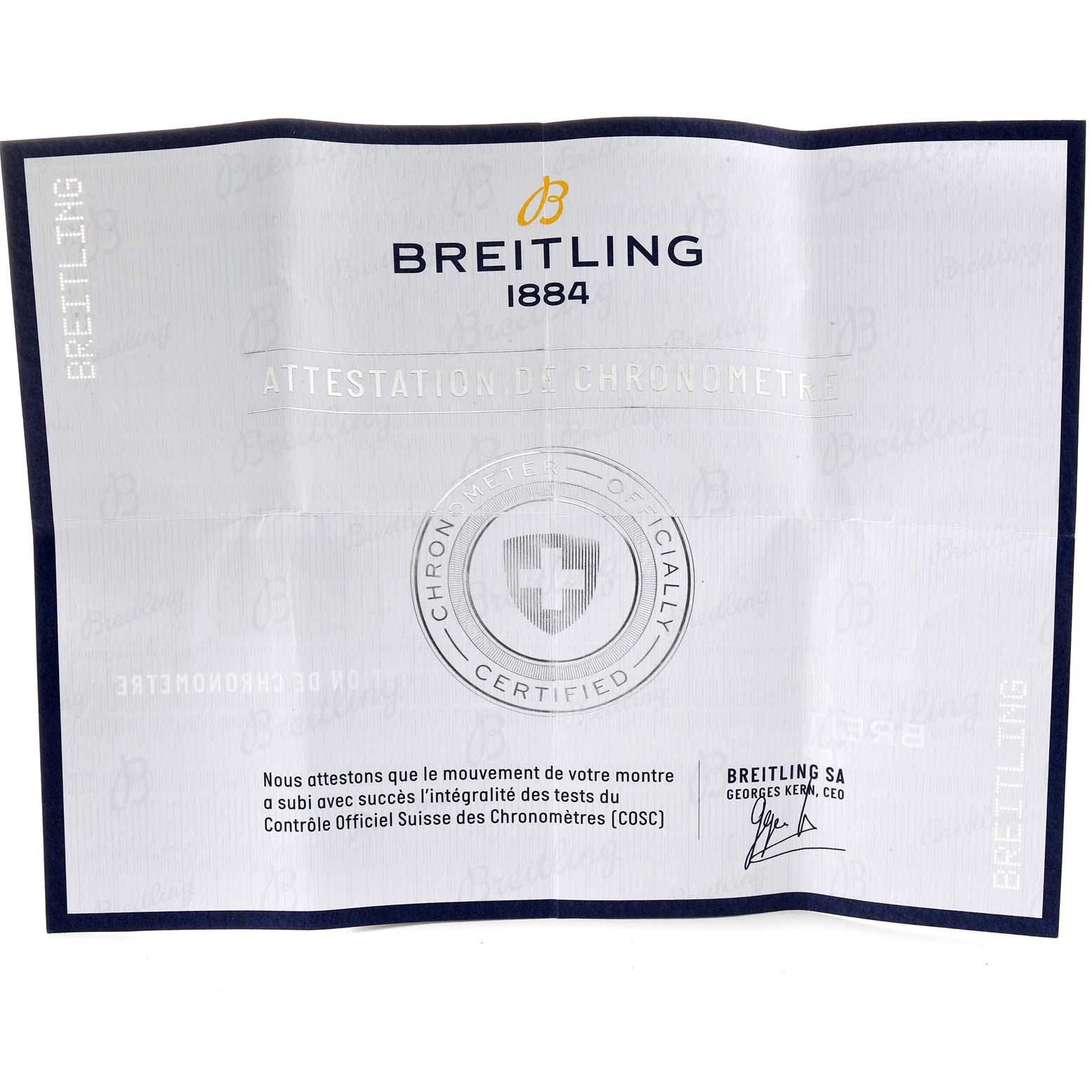 The image shows the COSC certificate for the Breitling Navitimer M13314101B1X1 Men
s Stainless Steel Black Dial M13314101B1X1 Men
s Stainless Steel Black Dial watch model.