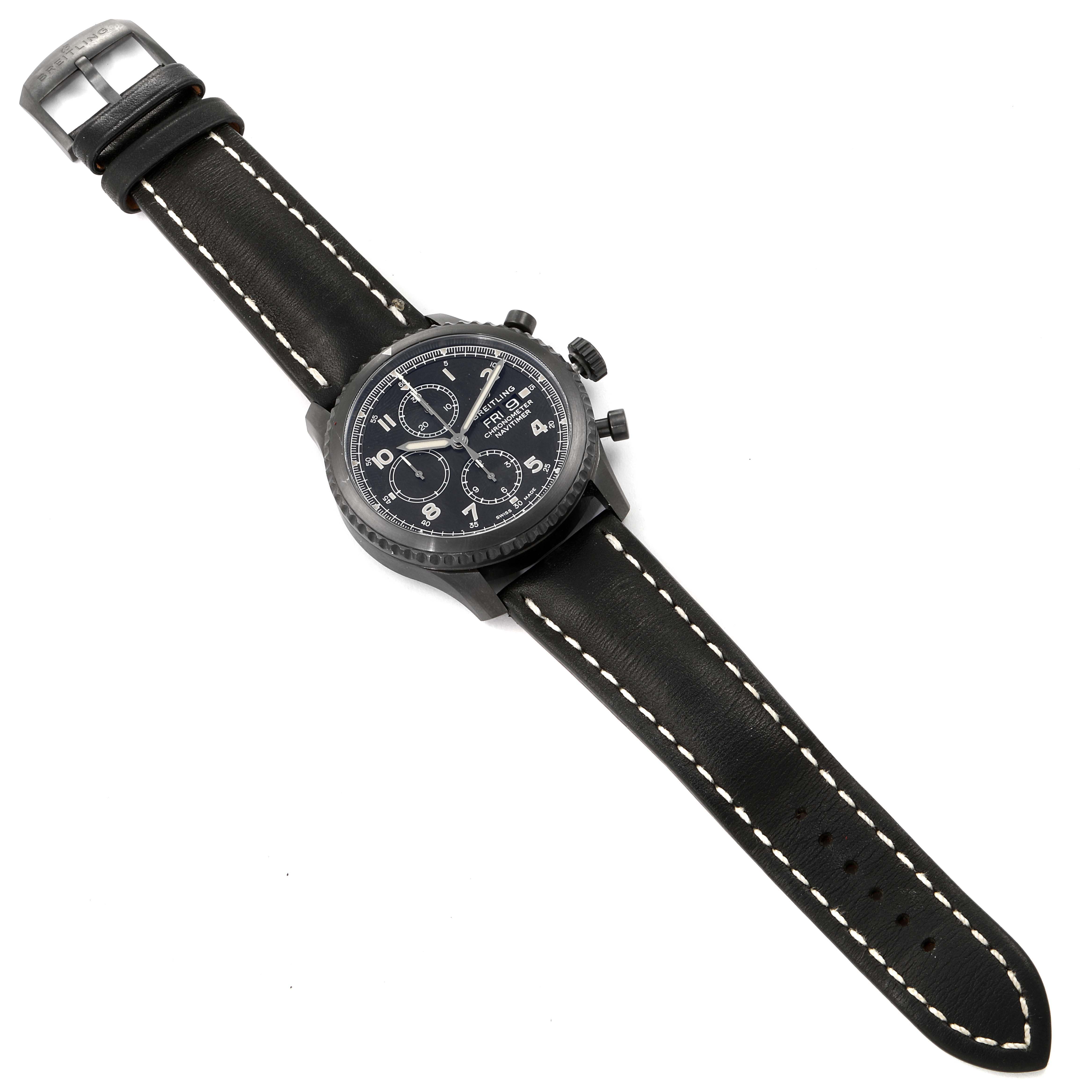 The Breitling Navitimer M13314101B1X1 Men
s Stainless Steel Black Dial M13314101B1X1 Men
s Stainless Steel Black Dial watch is shown at a slight angle, featuring the face, crown, pushers, and leather strap.