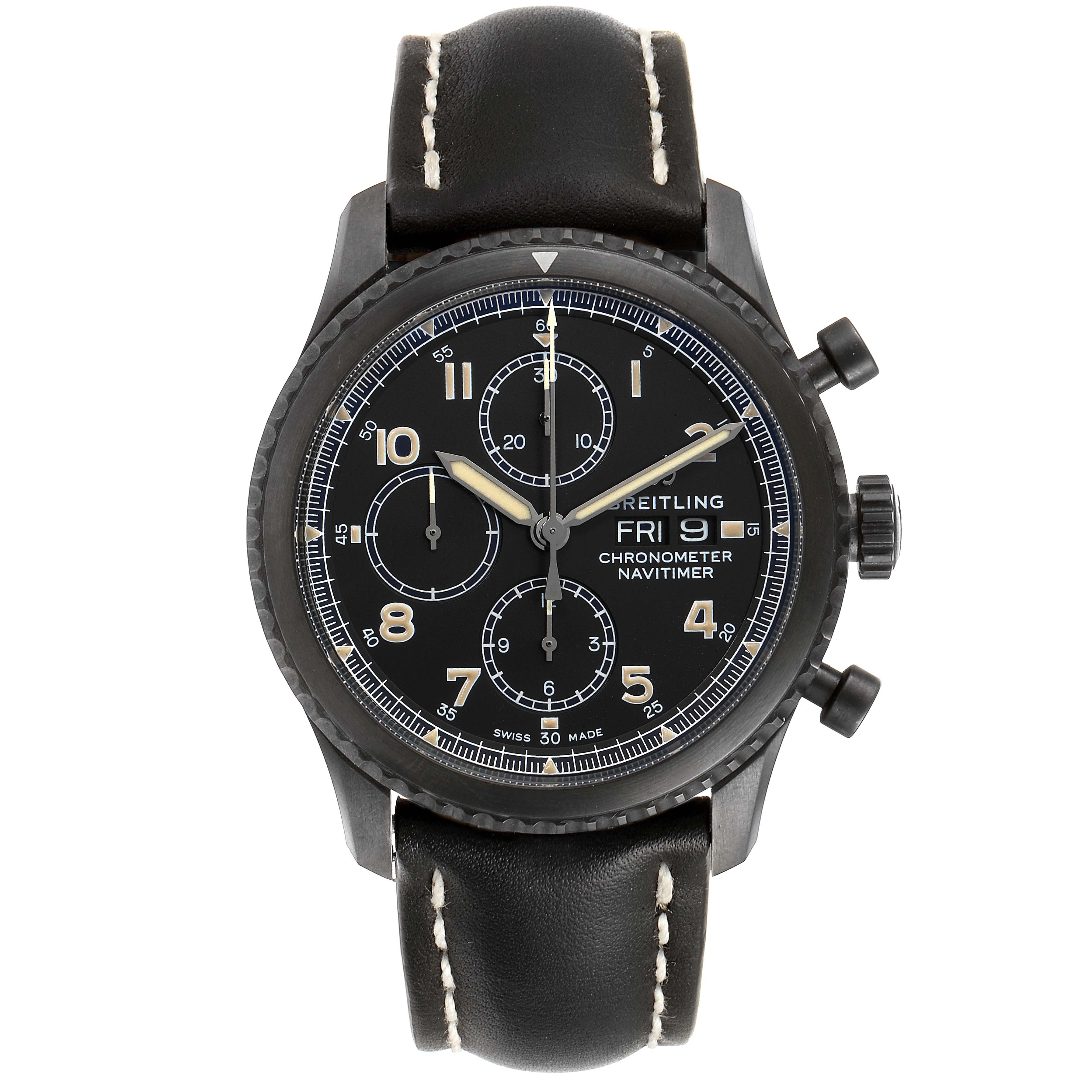 This image shows a top-down view of the Breitling Navitimer M13314101B1X1 Men
s Stainless Steel Black Dial M13314101B1X1 Men
s Stainless Steel Black Dial watch, highlighting its face, chronographs, and leather strap.