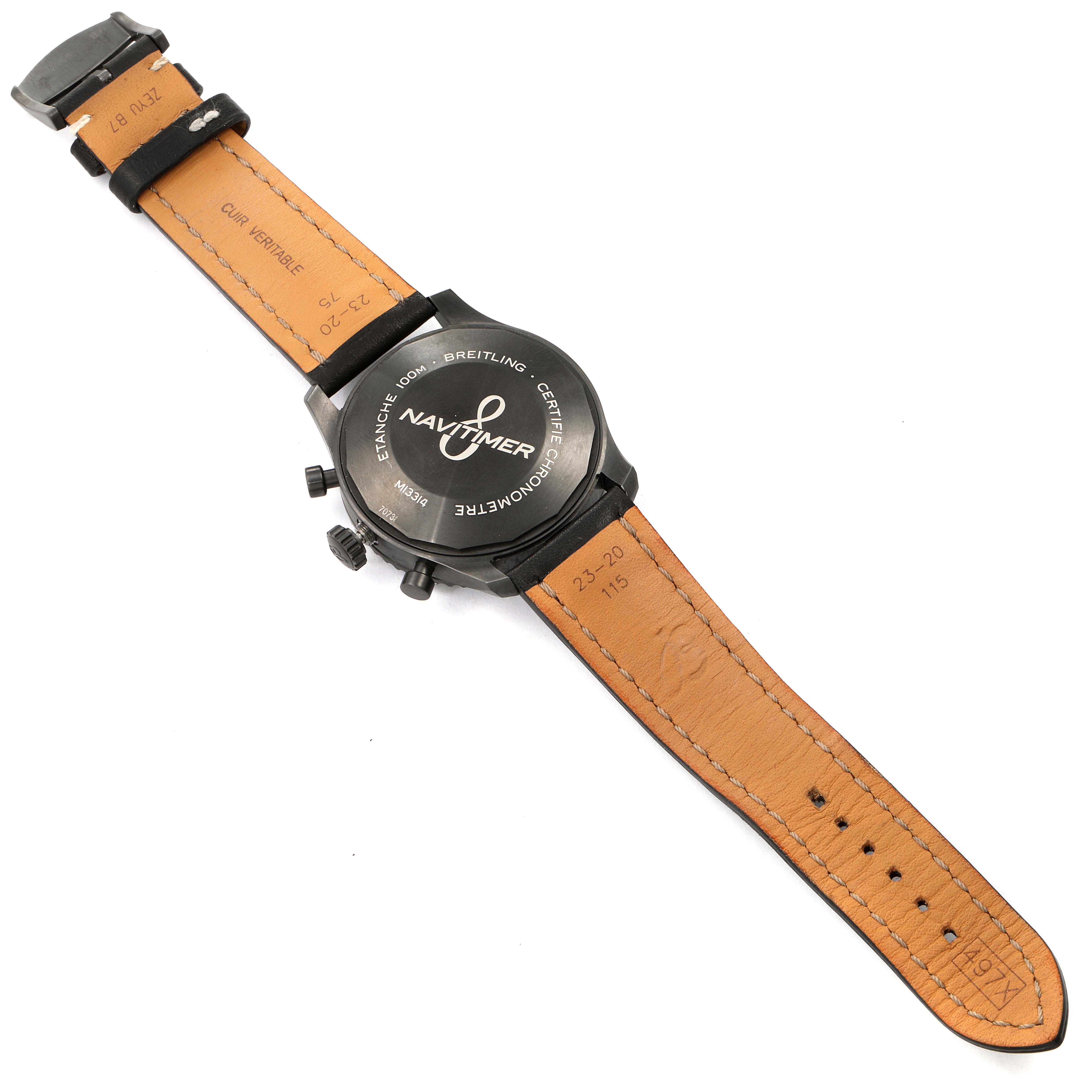 The image shows the back of the watch and strap of a Breitling Navitimer M13314101B1X1 Men
s Stainless Steel Black Dial M13314101B1X1 Men
s Stainless Steel Black Dial model.