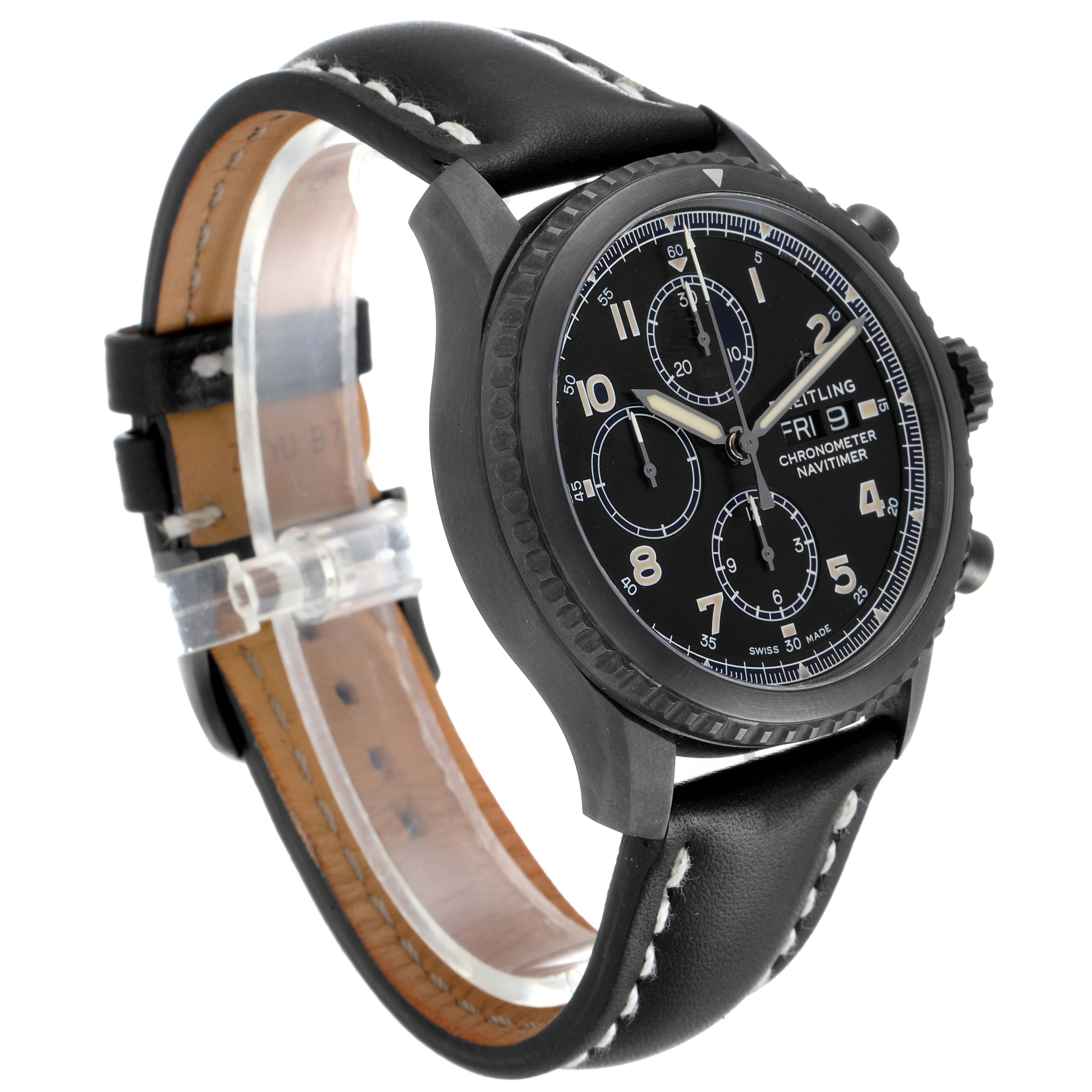 The Breitling Navitimer M13314101B1X1 Men
s Stainless Steel Black Dial M13314101B1X1 Men
s Stainless Steel Black Dial watch is shown at an oblique angle, displaying its face, bezel, and leather strap.