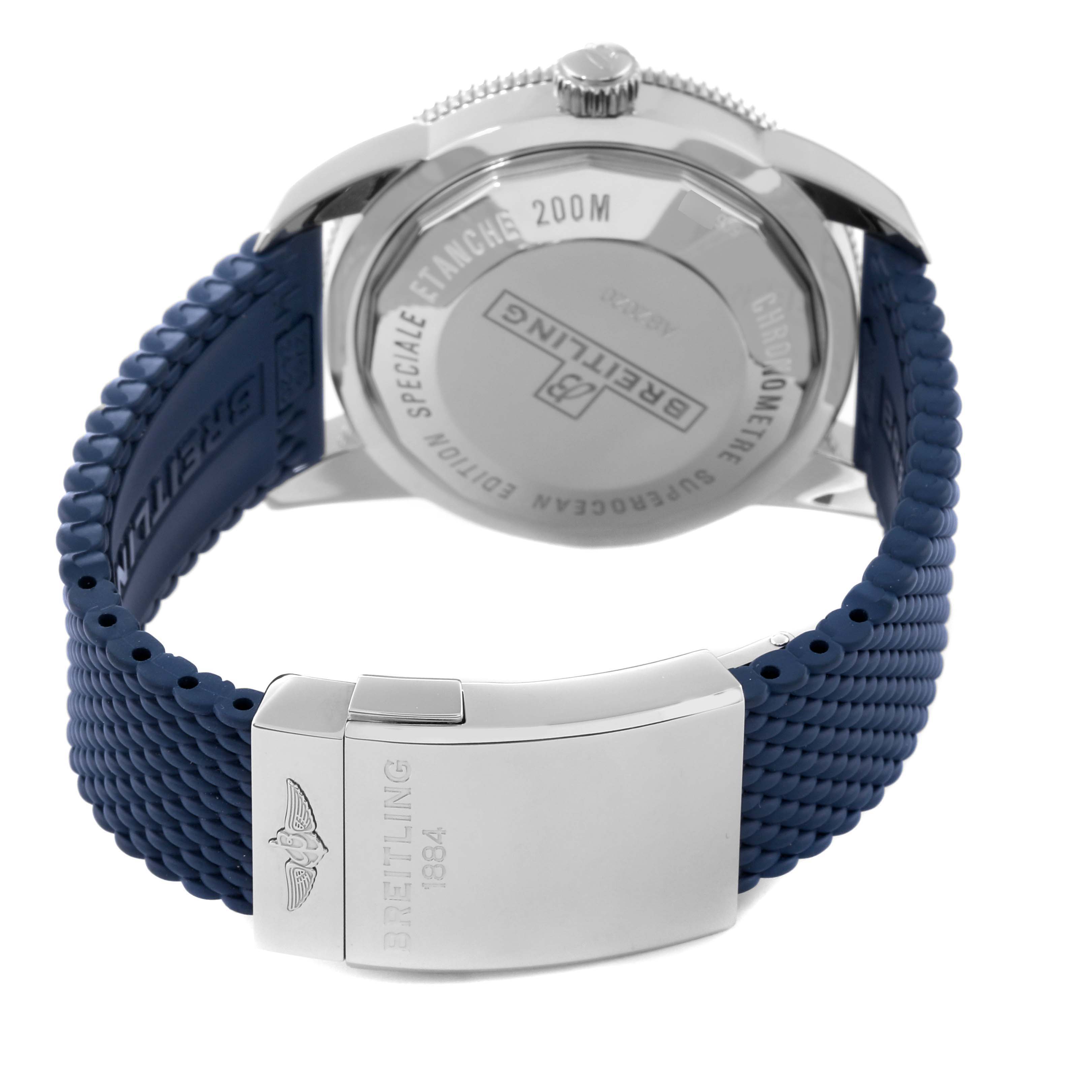This image shows the back of a Breitling Superocean AB2020 Men's Stainless Steel Blue Dial AB2020 Men's Stainless Steel Blue Dial watch, highlighting its case back, crown, and blue strap with clasp.