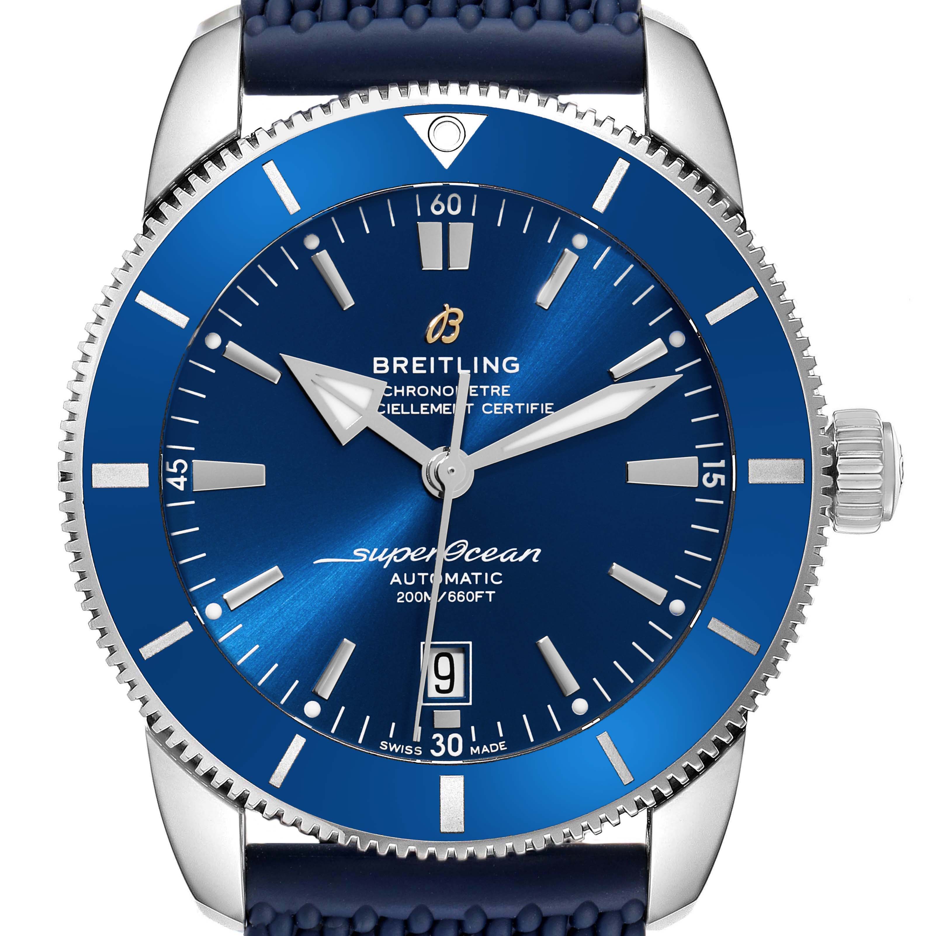 The image shows the front view of the Breitling Superocean AB2020 Men's Stainless Steel Blue Dial AB2020 Men's Stainless Steel Blue Dial watch, highlighting the dial, bezel, crown, and part of the strap.