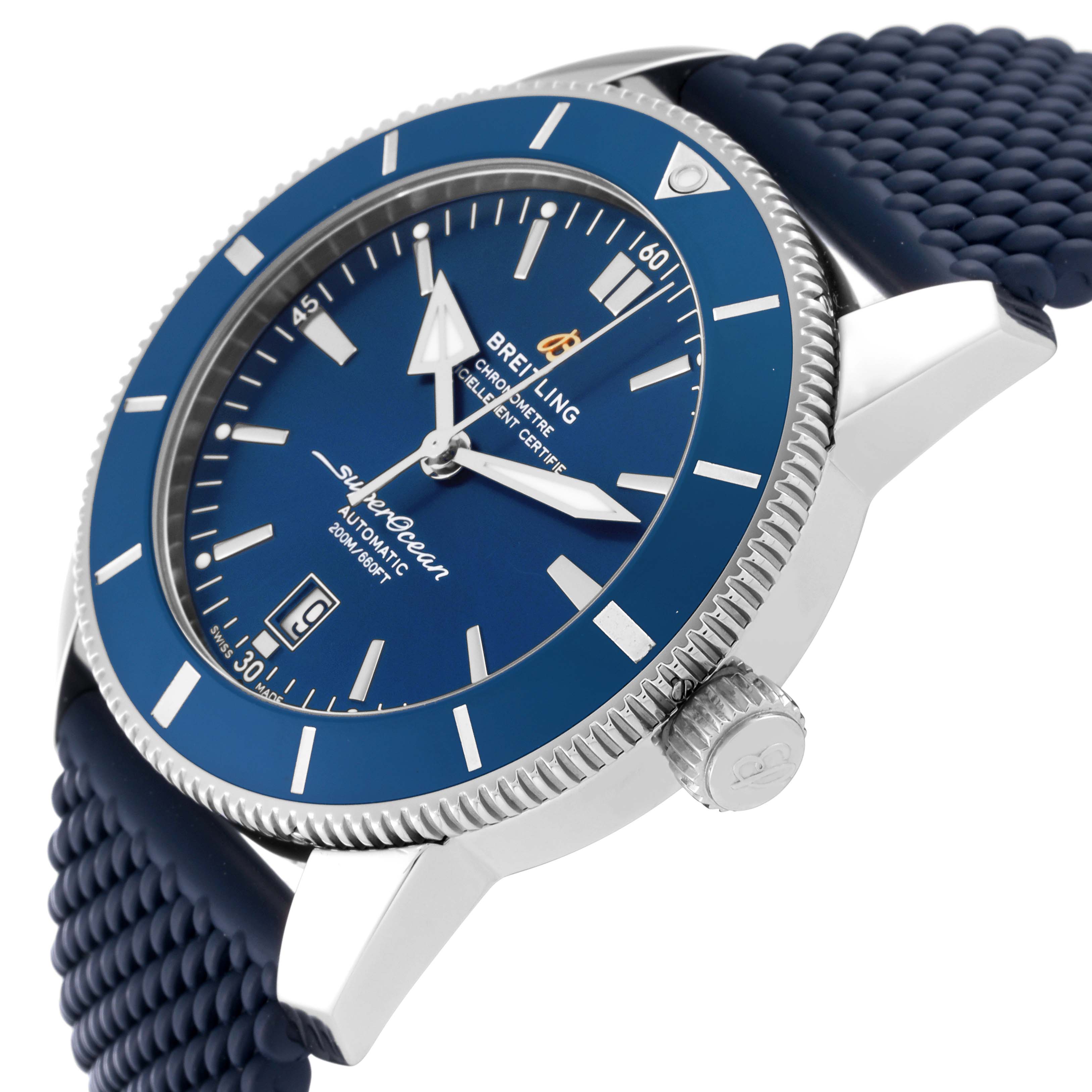 The image shows a close-up side angle of a Breitling Superocean AB2020 Men's Stainless Steel Blue Dial AB2020 Men's Stainless Steel Blue Dial watch, featuring the bezel, dial, crown, and blue rubber strap.