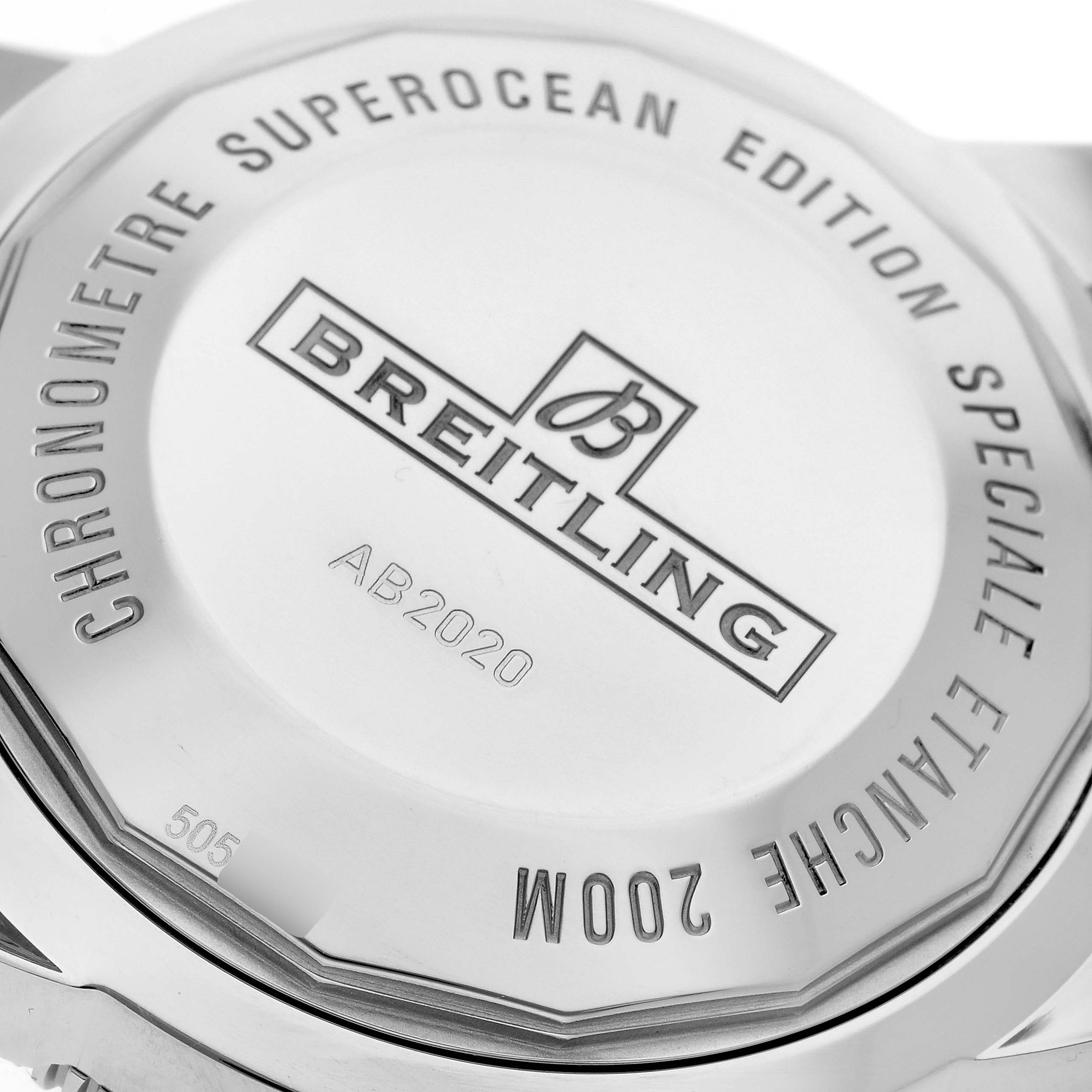 The image shows the back case of a Breitling Superocean AB2020 Men's Stainless Steel Blue Dial AB2020 Men's Stainless Steel Blue Dial watch, featuring the brand name and model details.