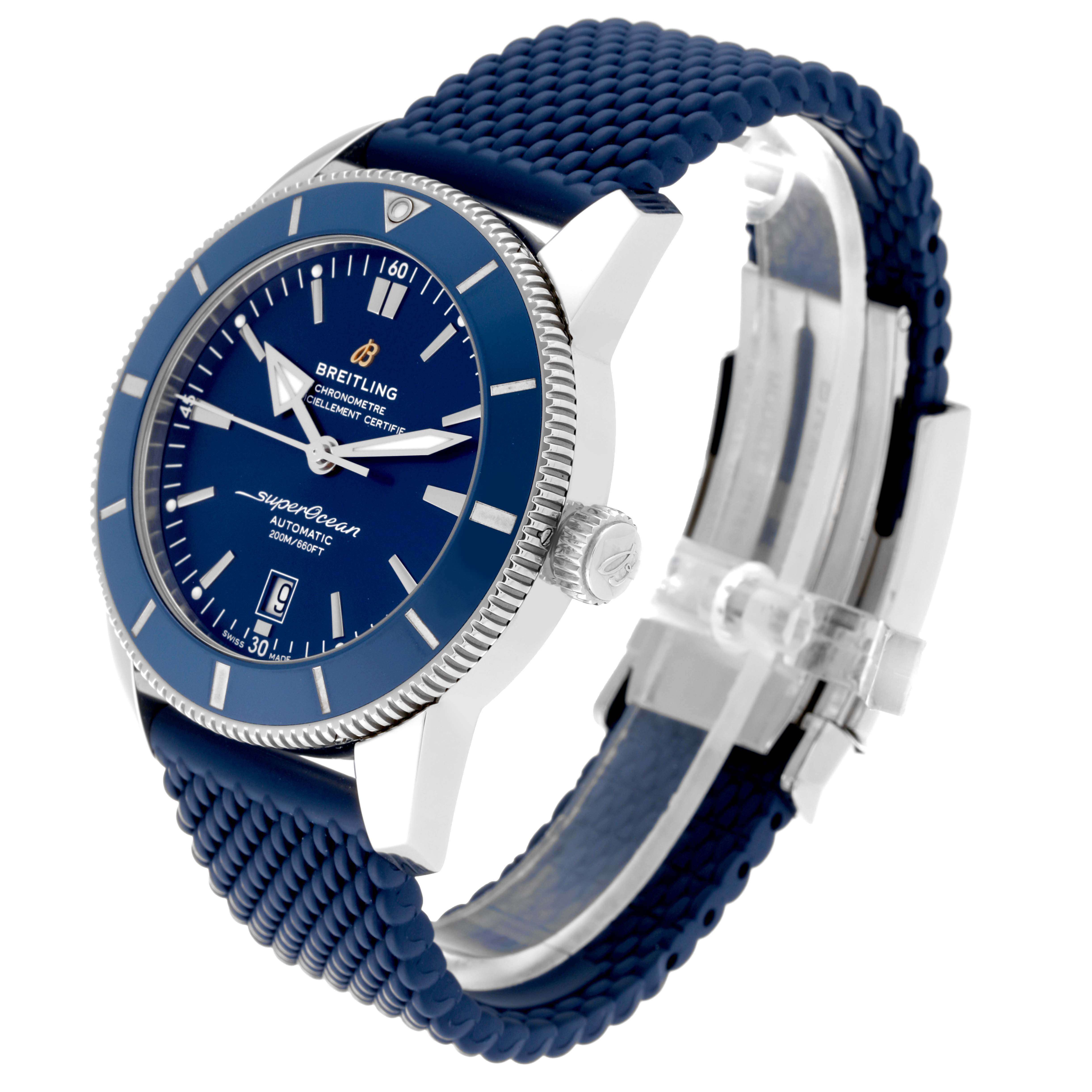 The image shows a Breitling Superocean AB2020 Men's Stainless Steel Blue Dial AB2020 Men's Stainless Steel Blue Dial watch at an oblique angle, highlighting its blue dial, bezel, and strap.