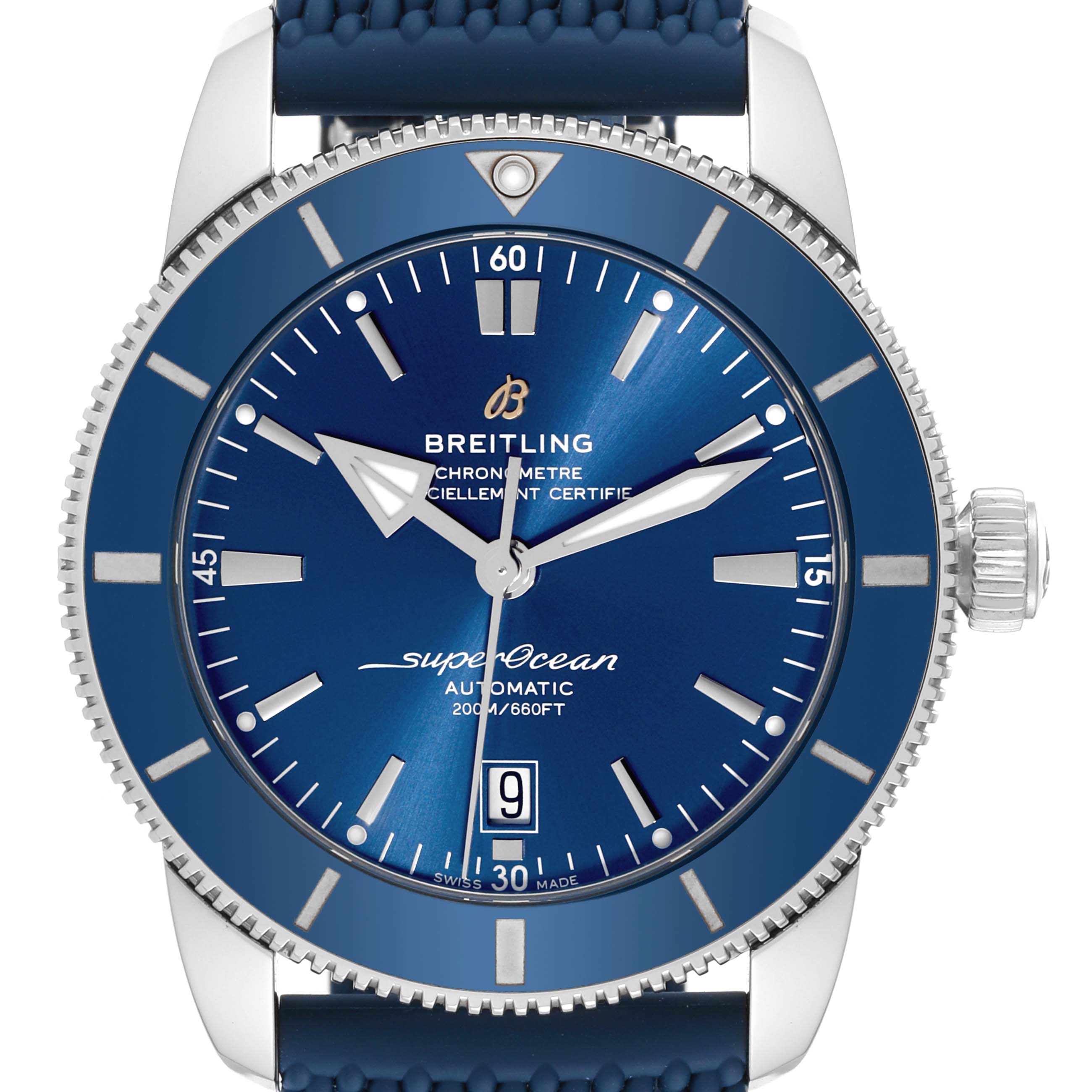 The image shows a front view of the Breitling Superocean AB2020 Men's Stainless Steel Blue Dial AB2020 Men's Stainless Steel Blue Dial watch, highlighting the dial, bezel, crown, and watch strap.