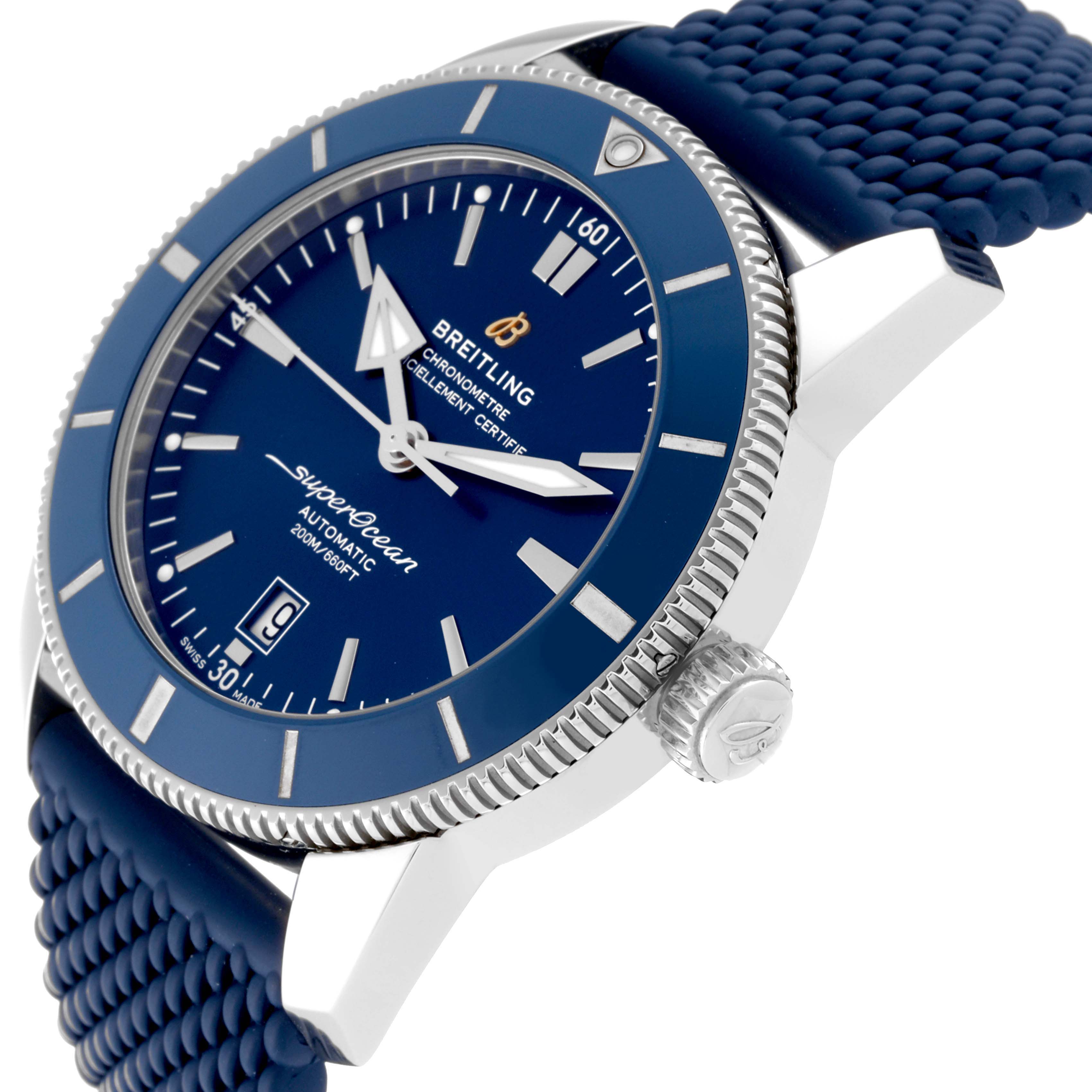 This image shows a side angle of the Breitling Superocean AB2020 Men's Stainless Steel Blue Dial AB2020 Men's Stainless Steel Blue Dial watch, displaying the dial, bezel, crown, and strap.