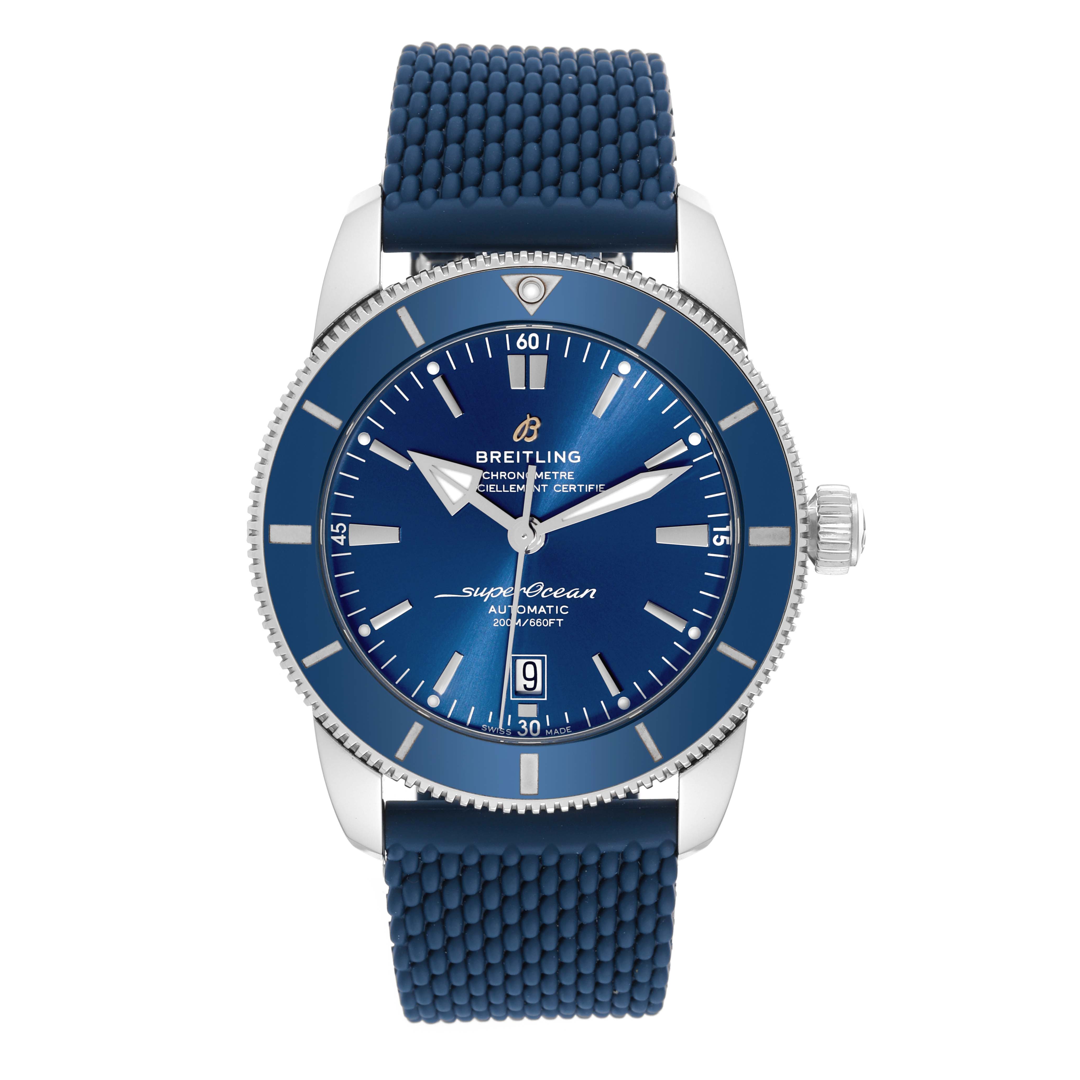 The image shows the front view of a Breitling Superocean AB2020 Men's Stainless Steel Blue Dial AB2020 Men's Stainless Steel Blue Dial watch with a blue dial and strap.