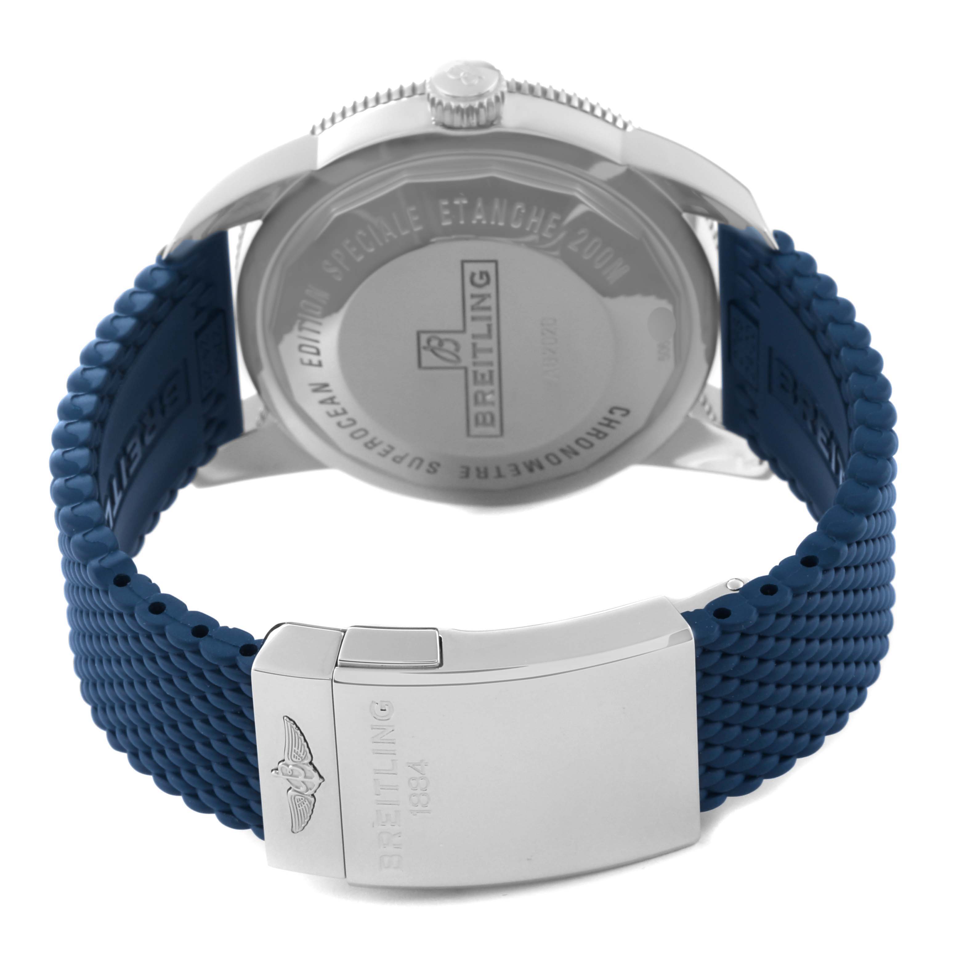 This image shows the back case and clasp of the Breitling Superocean AB2020 Men's Stainless Steel Blue Dial AB2020 Men's Stainless Steel Blue Dial watch, featuring a blue strap.