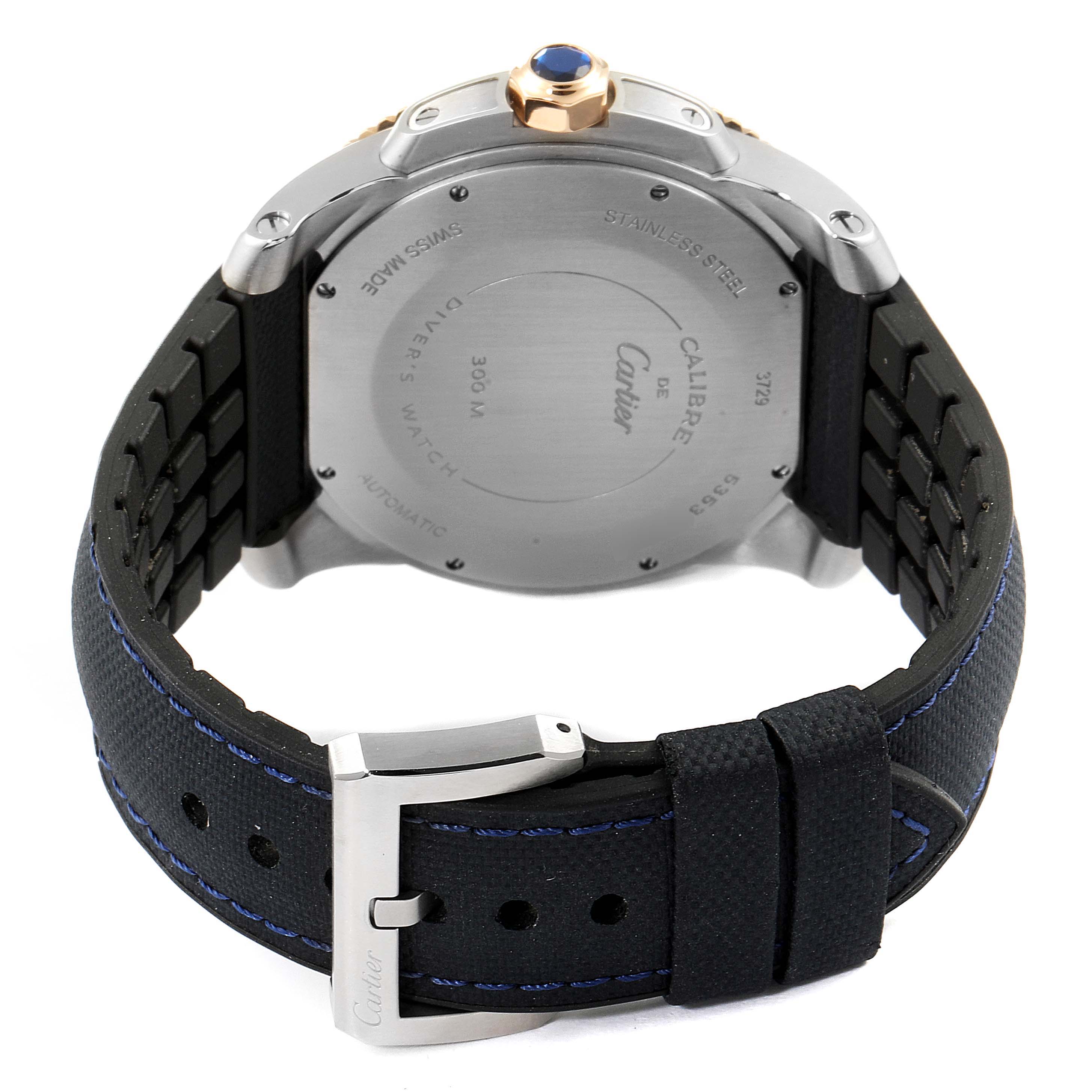 The image shows the rear view of a Calibre de Cartier watch by Cartier, highlighting its case back, strap, and buckle.