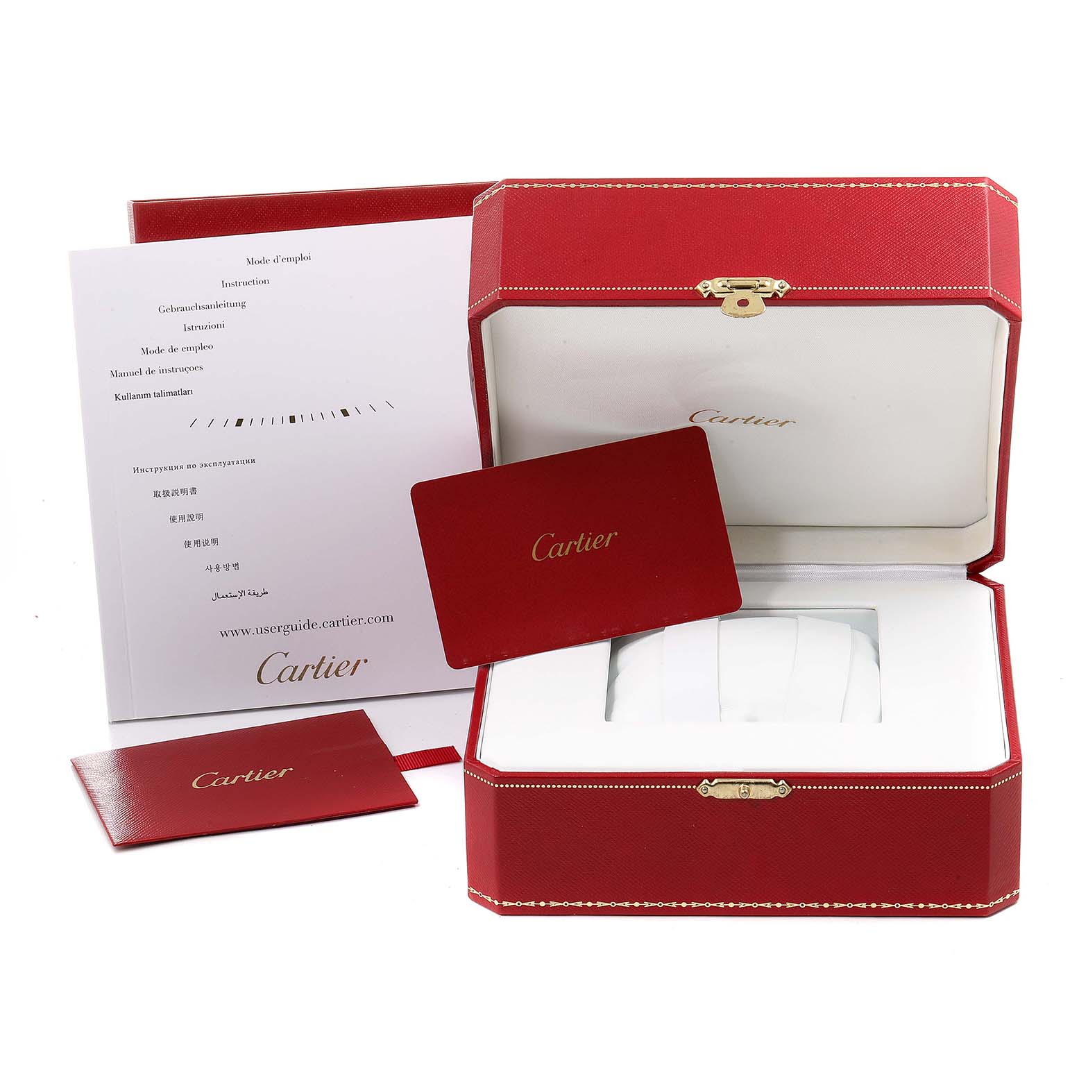 The image shows the packaging and accessories for a Calibre de Cartier watch by Cartier, including a red box and documentation.