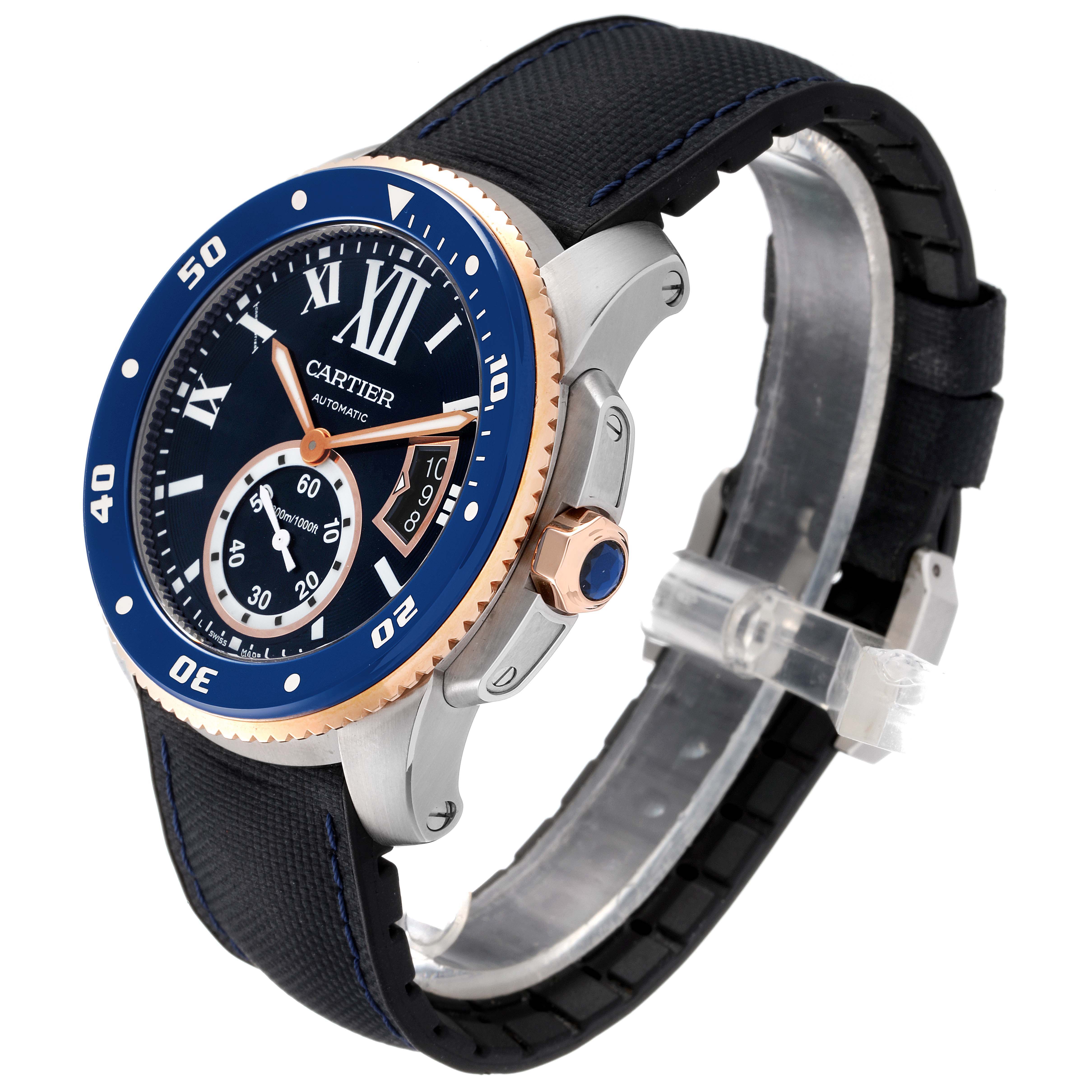 The image shows a side angle of the Calibre de Cartier watch by Cartier, highlighting the face, bezel, and strap.