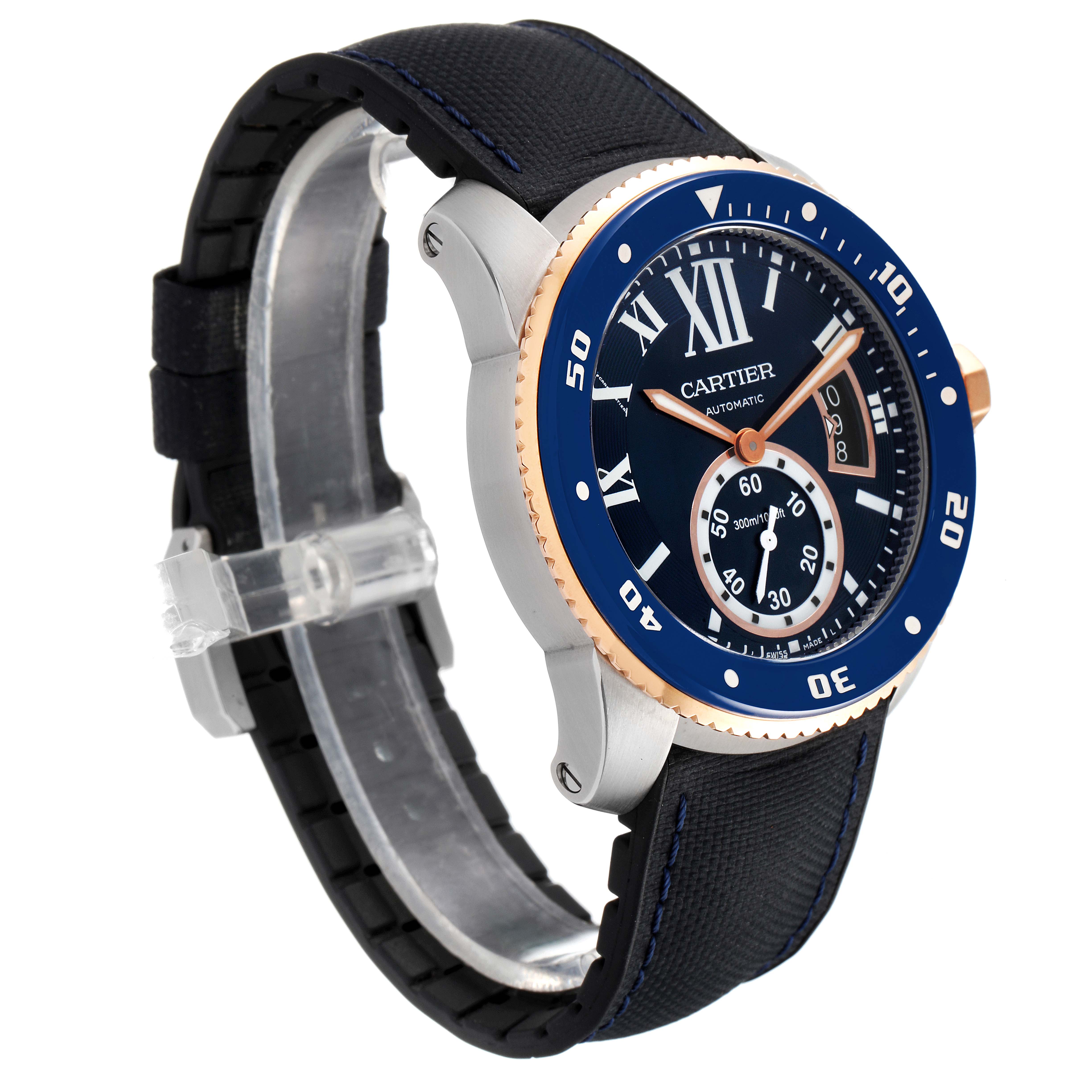 The image shows a Calibre de Cartier watch by Cartier from a side angle featuring the face, bezel, and strap.