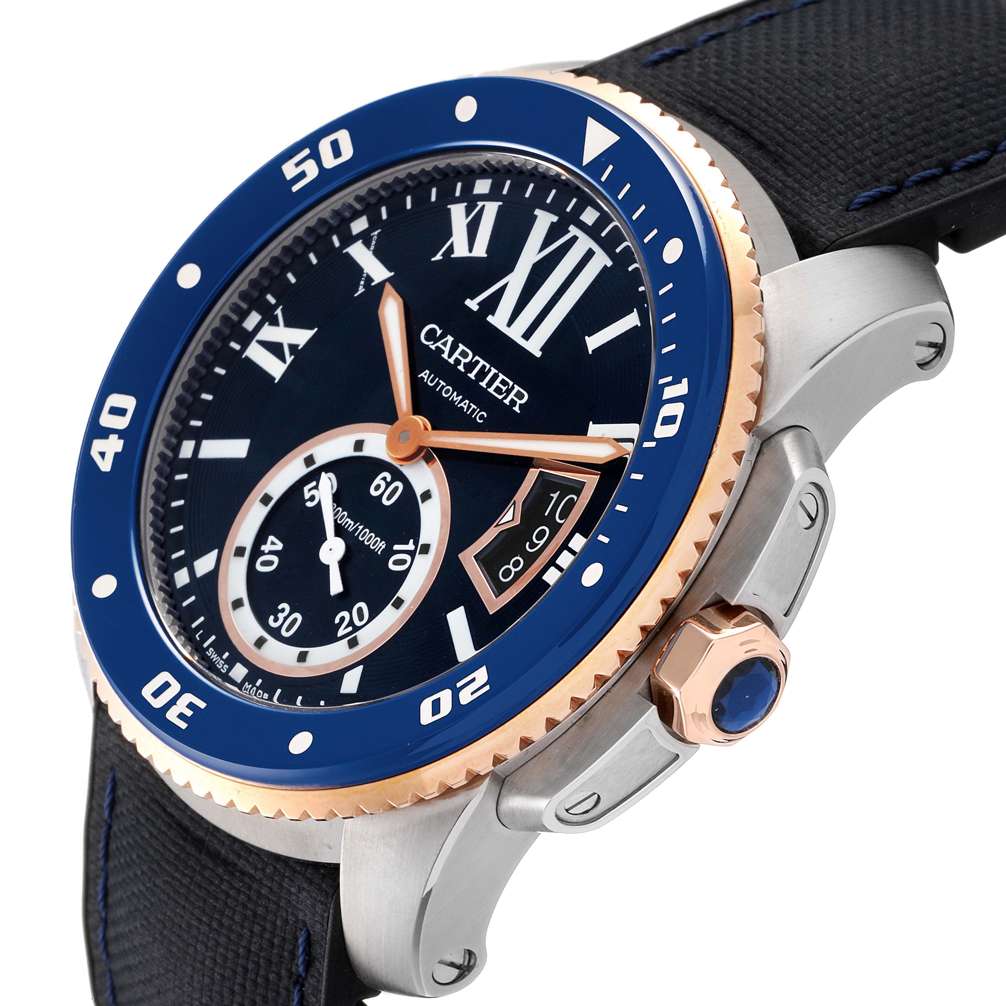 The image shows a side-angle view of the Calibre de Cartier watch by Cartier, highlighting the bezel, dial, and crown.