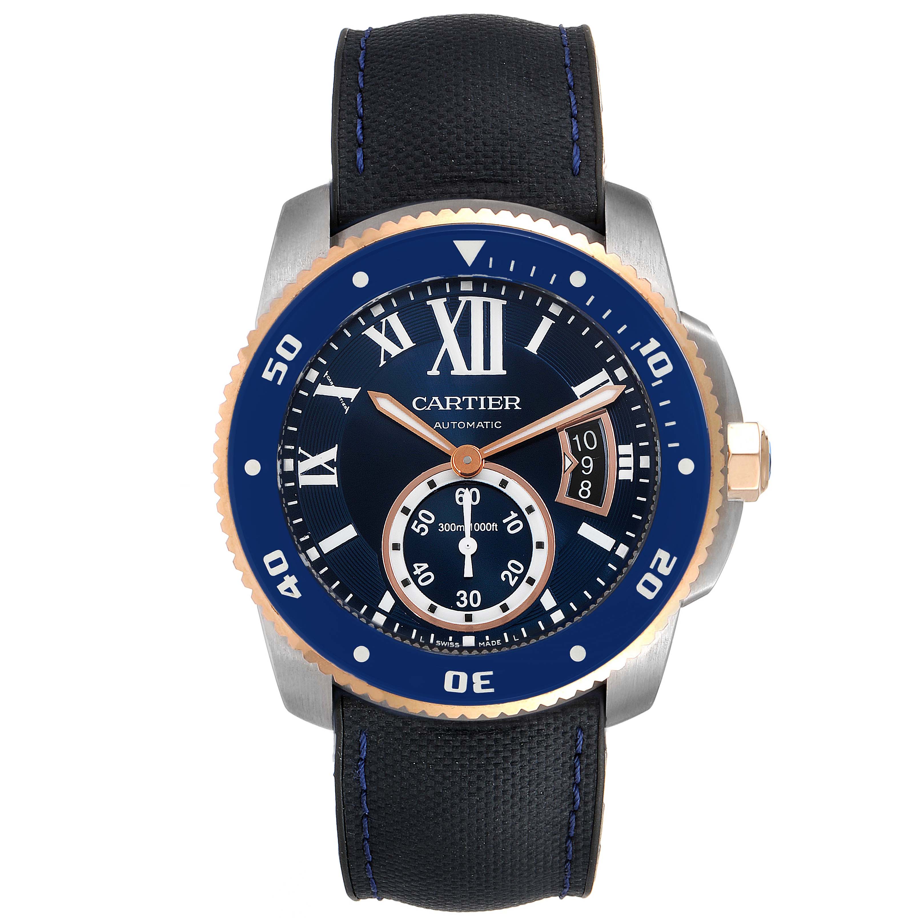 The image shows a front view of a Calibre de Cartier watch by Cartier, featuring its face, bezel, and strap.