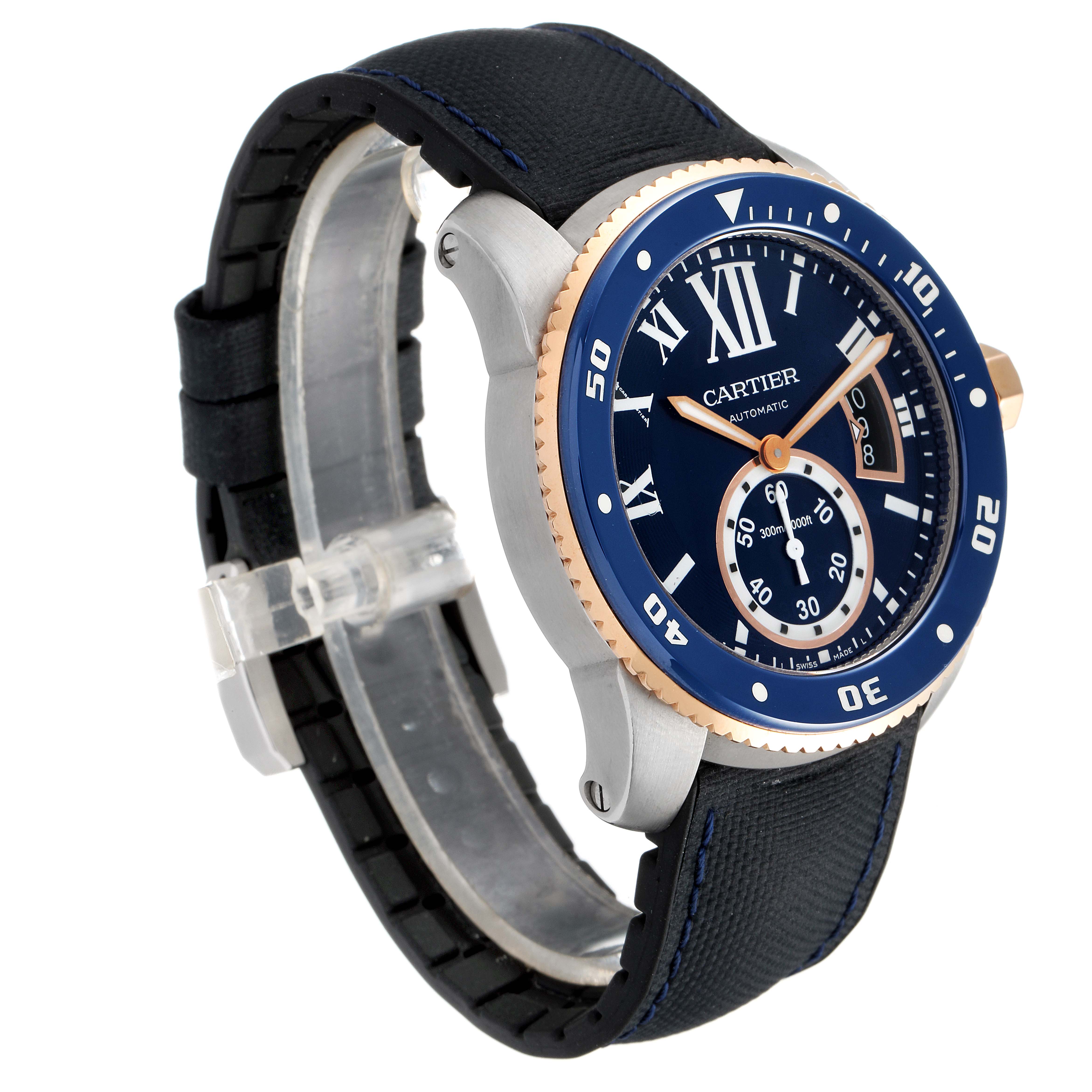 The image shows a side and front view of a Calibre de Cartier watch by Cartier, displaying the face, bezel, and strap angle.