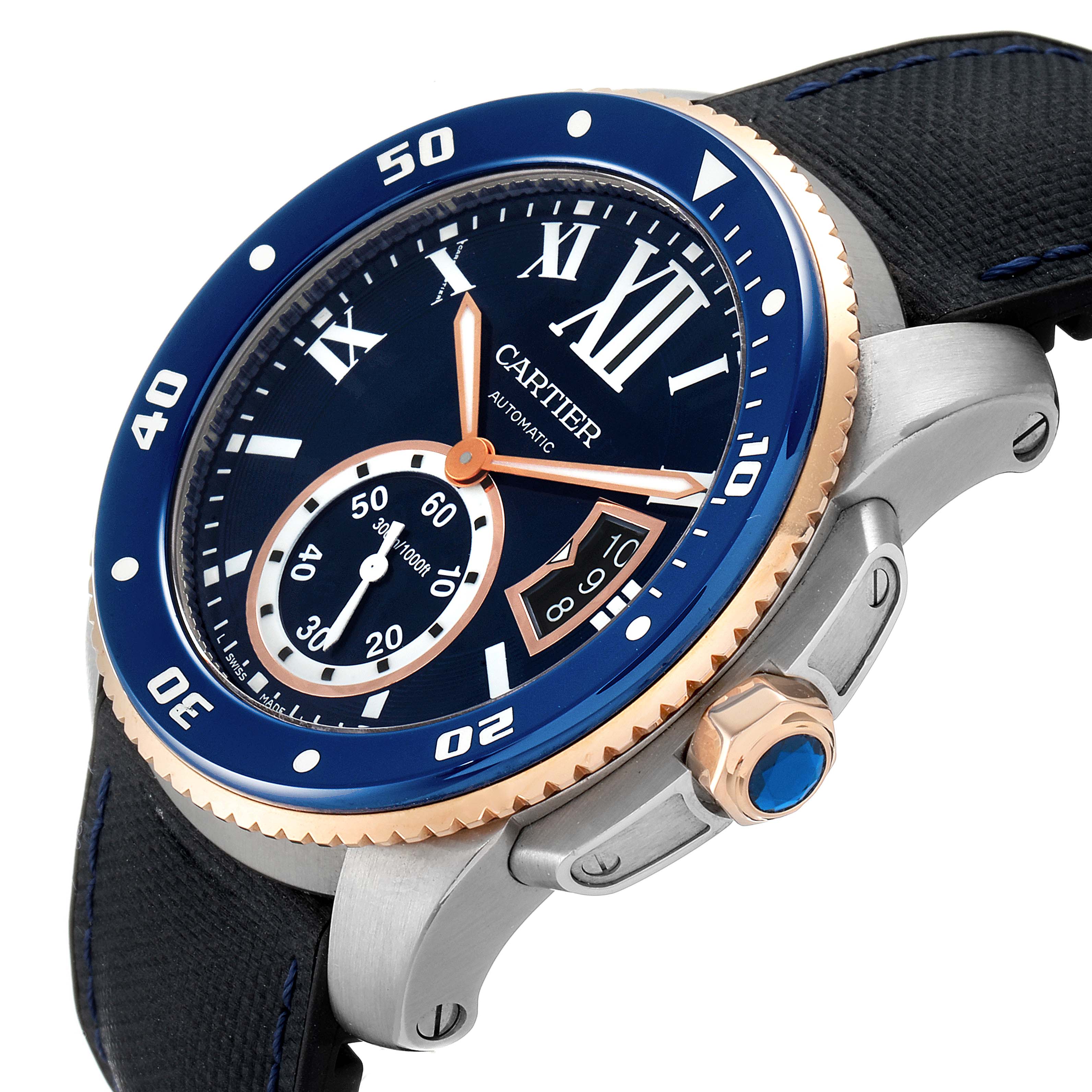 The image shows a close-up of the dial, bezel, crown, and strap of a Calibre de Cartier watch by Cartier from an angled side view.