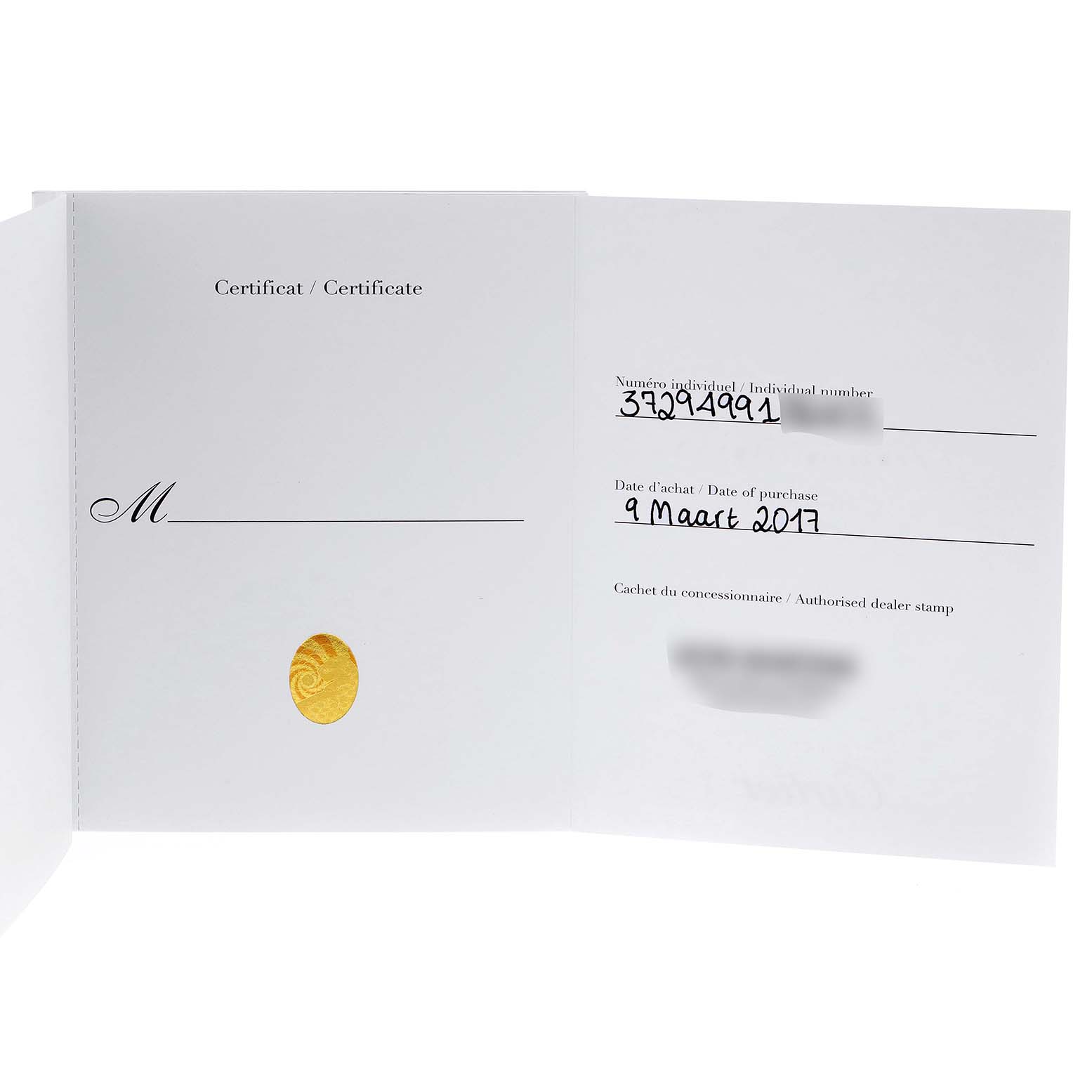 The image shows the authenticity certificate for a Calibre de Cartier watch by Cartier.