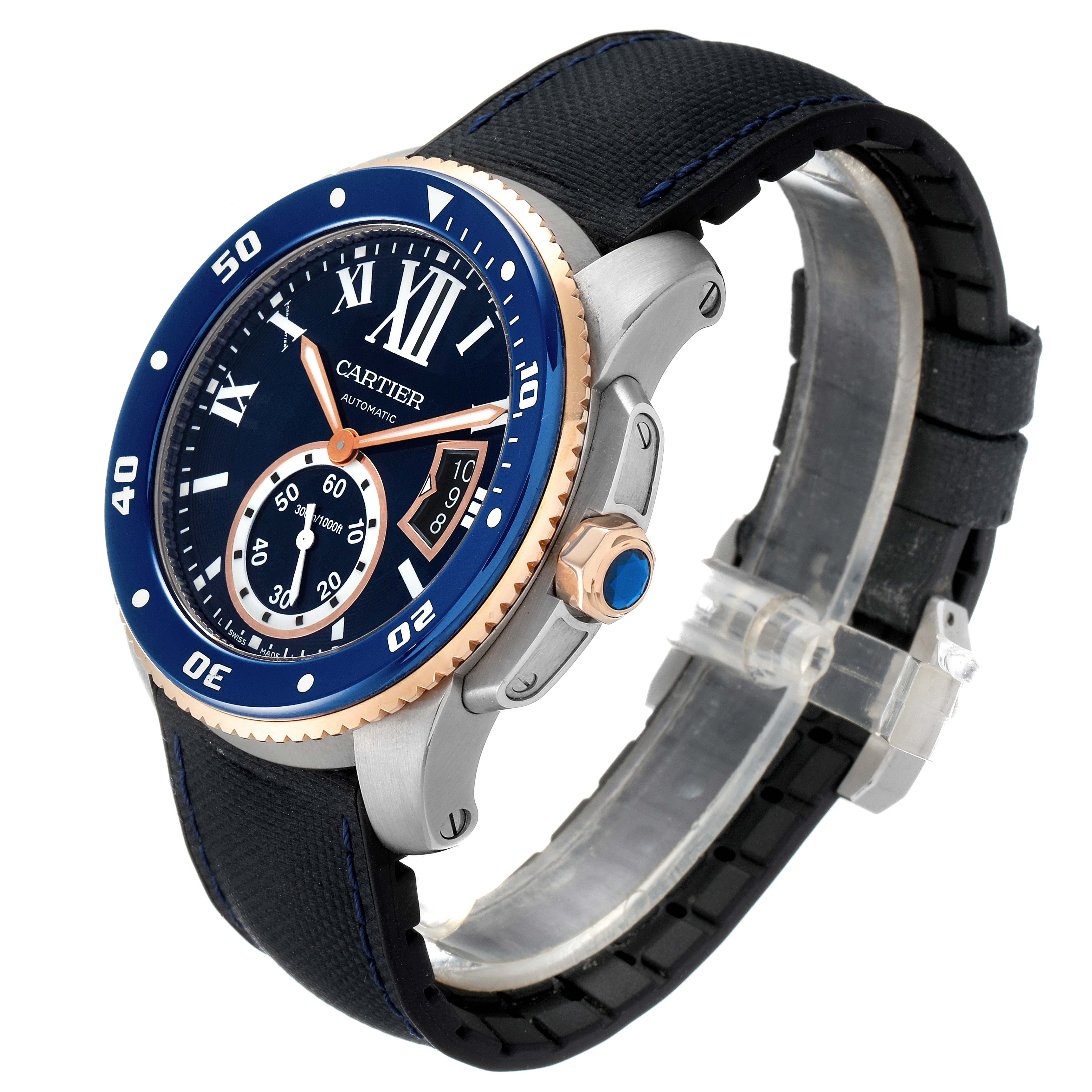 The Calibre de Cartier watch is shown at a slight angle, highlighting the face, bezel, crown, and strap.