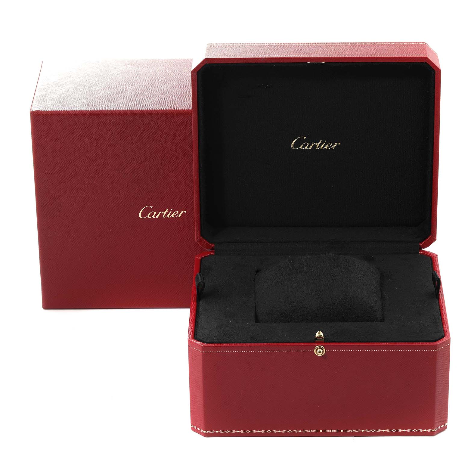 This image shows the open red and black Cartier box for the Panthere model watch, with the Cartier logo visible.