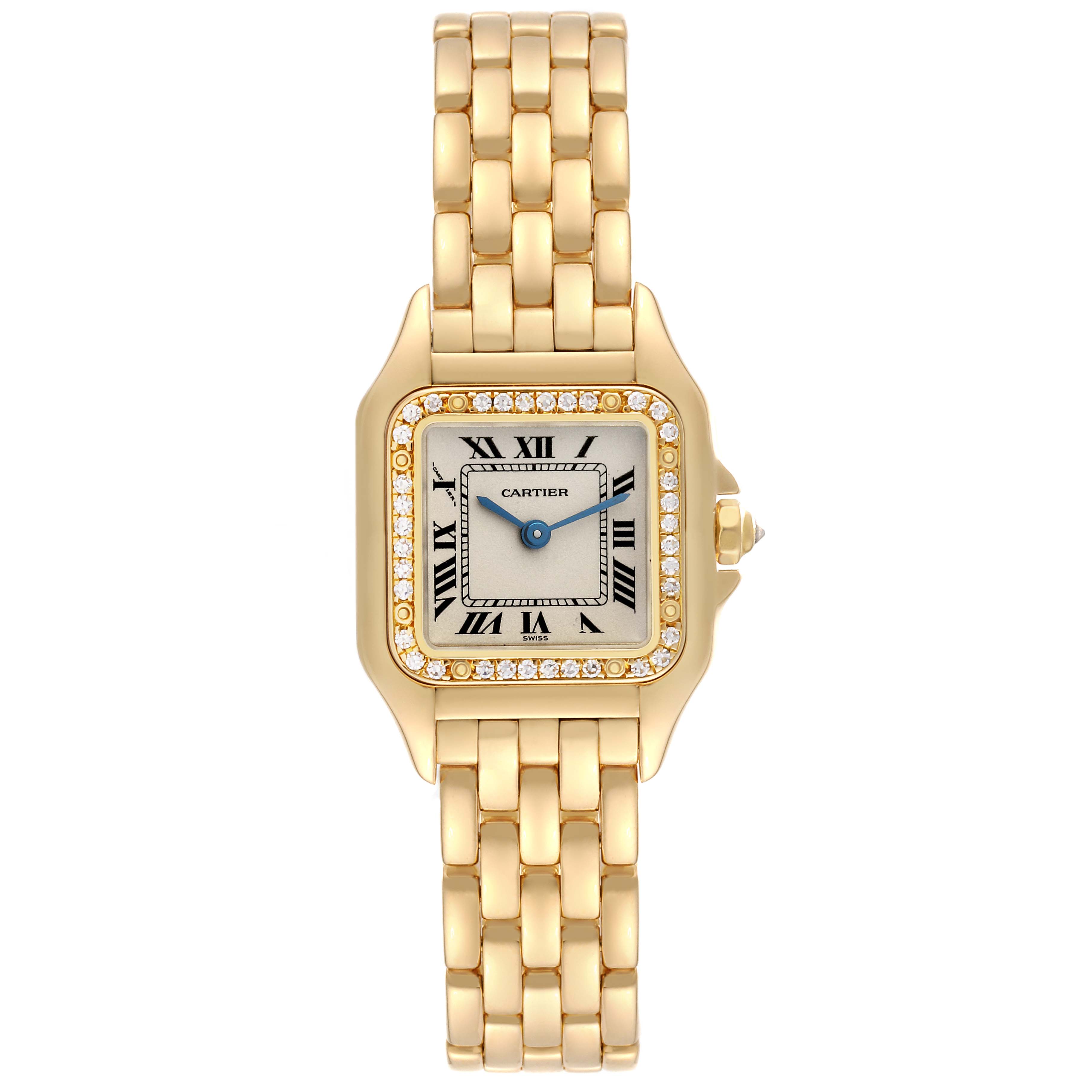 This is a front-facing view of the Cartier Panthere WF3070B9 Women's Yellow Gold Silver Dial WF3070B9 Women's Yellow Gold Silver Dial watch, showing the face, bezel, and bracelet.