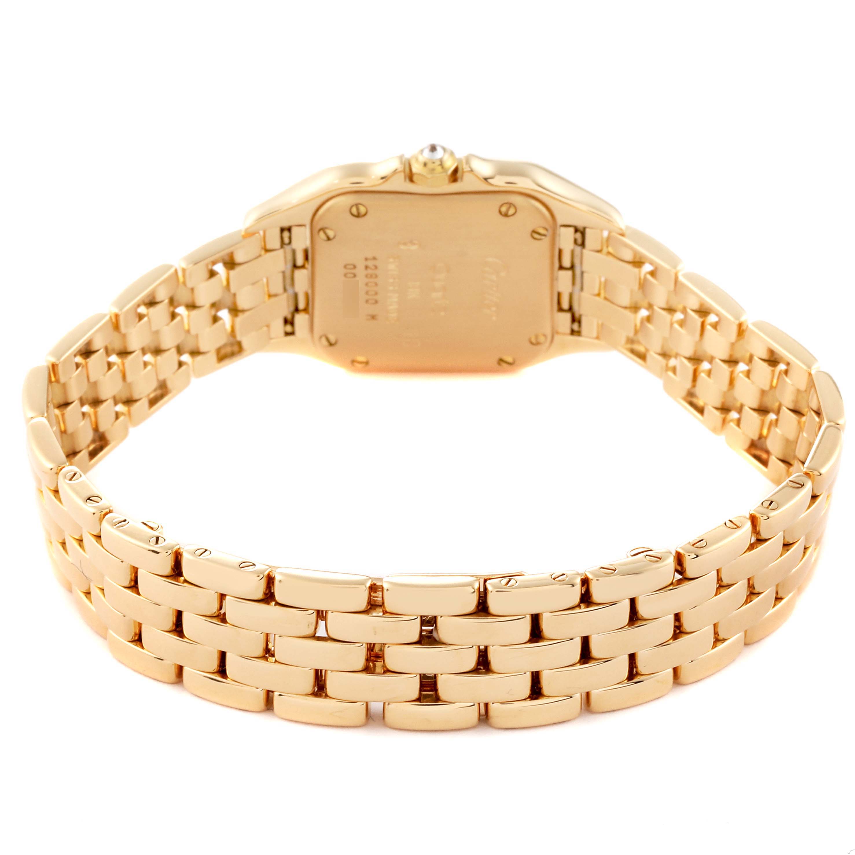 This image shows the back of the case and bracelet of a Cartier Panthère watch from a slightly elevated rear angle.