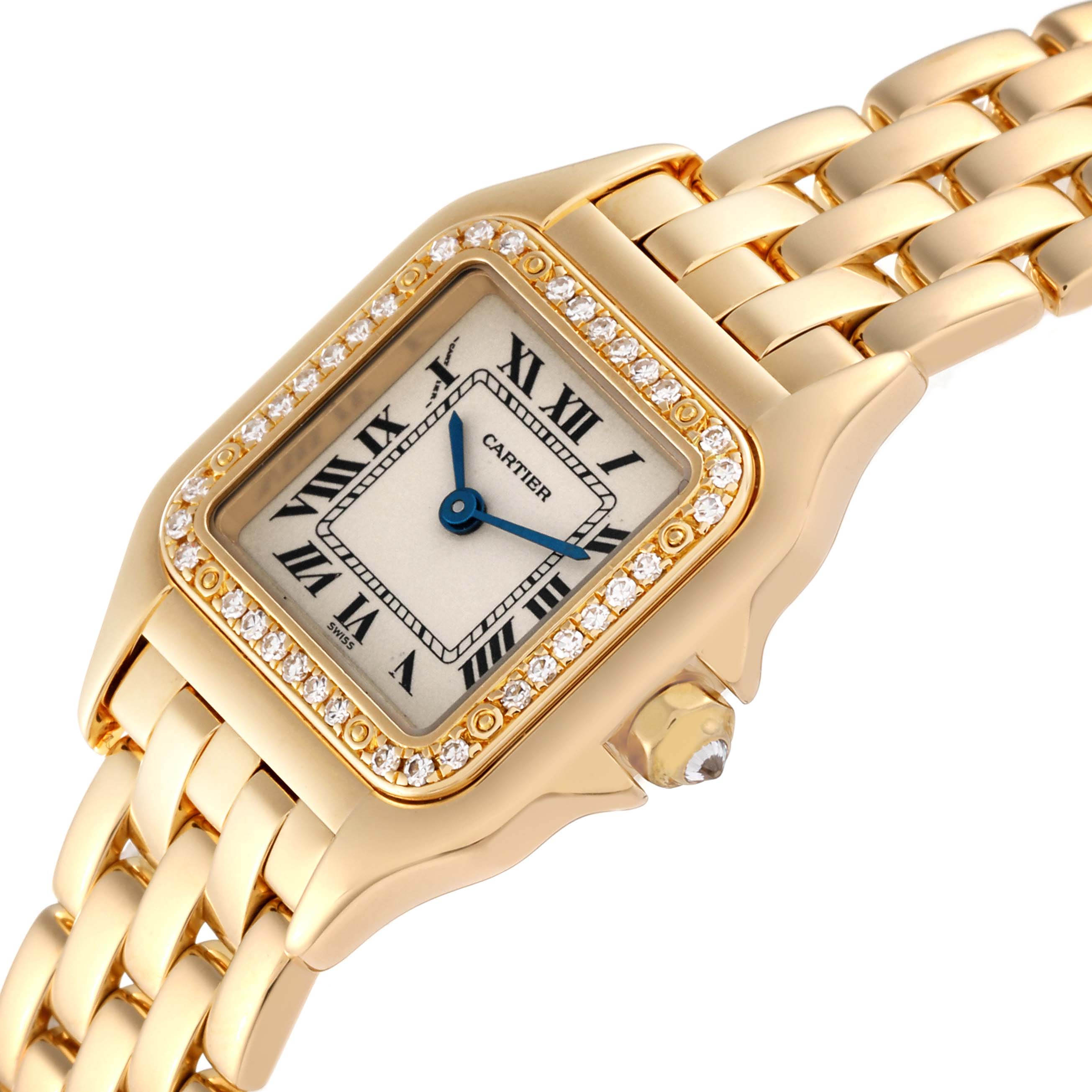 The image shows a close-up of the Cartier Panthere WF3070B9 Women's Yellow Gold Silver Dial WF3070B9 Women's Yellow Gold Silver Dial watch face and part of the gold bracelet, highlighting the diamond bezel.