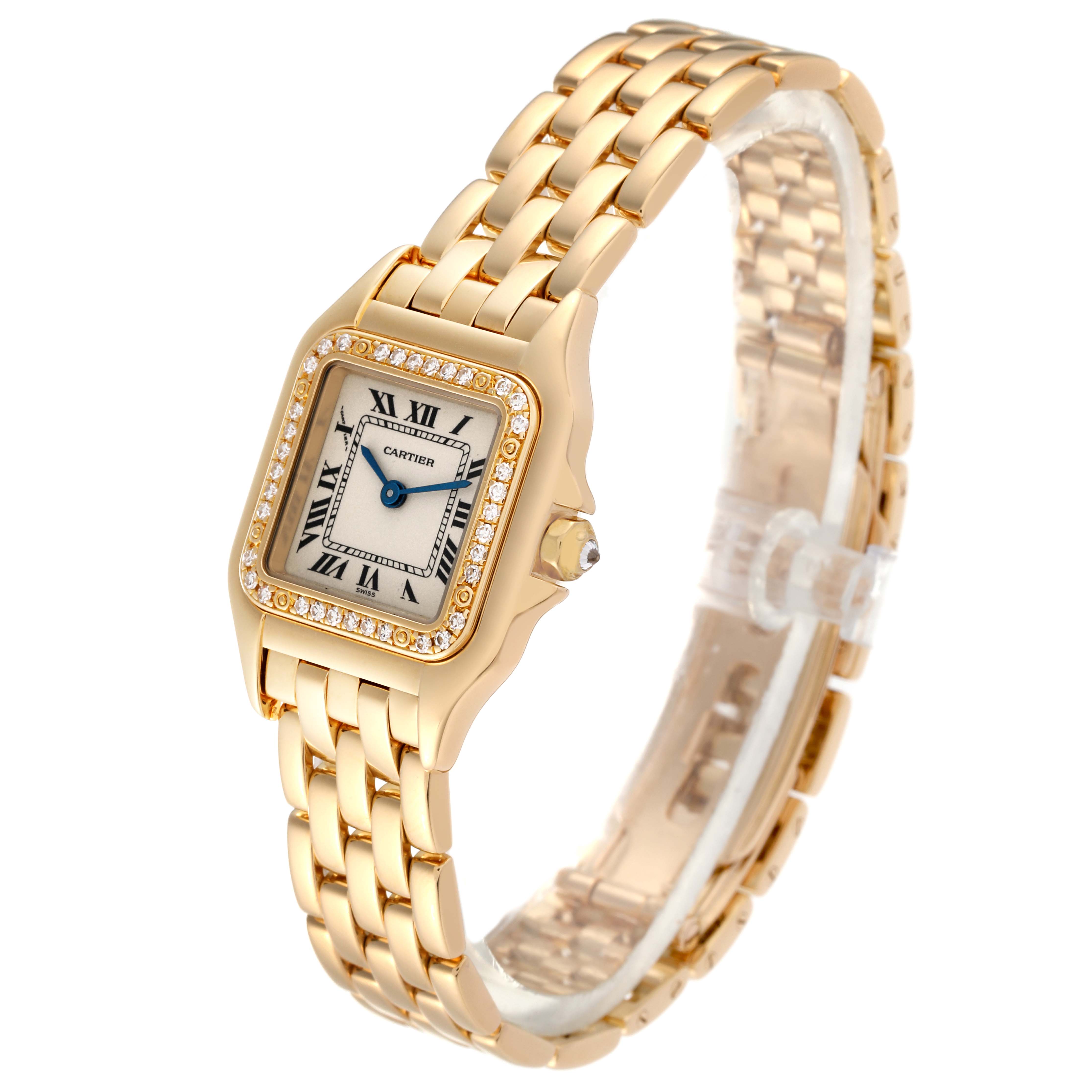 The Cartier Panthere WF3070B9 Women's Yellow Gold Silver Dial WF3070B9 Women's Yellow Gold Silver Dial watch is shown at a slight angle, displaying the face, band, and diamond-encrusted bezel.