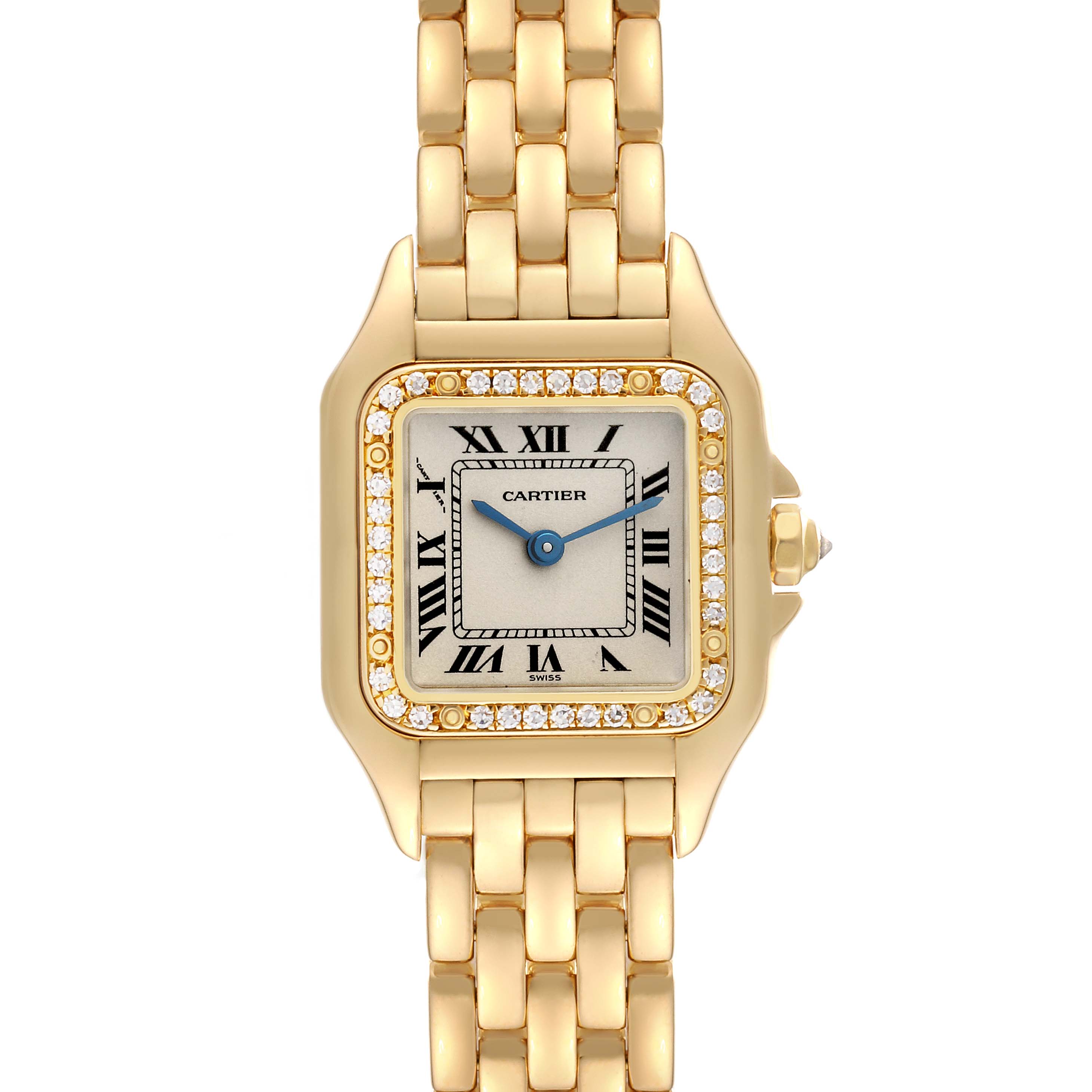 This is a front view of the Cartier Panthere WF3070B9 Women's Yellow Gold Silver Dial WF3070B9 Women's Yellow Gold Silver Dial watch showing its square face, Roman numerals, and gold bracelet.