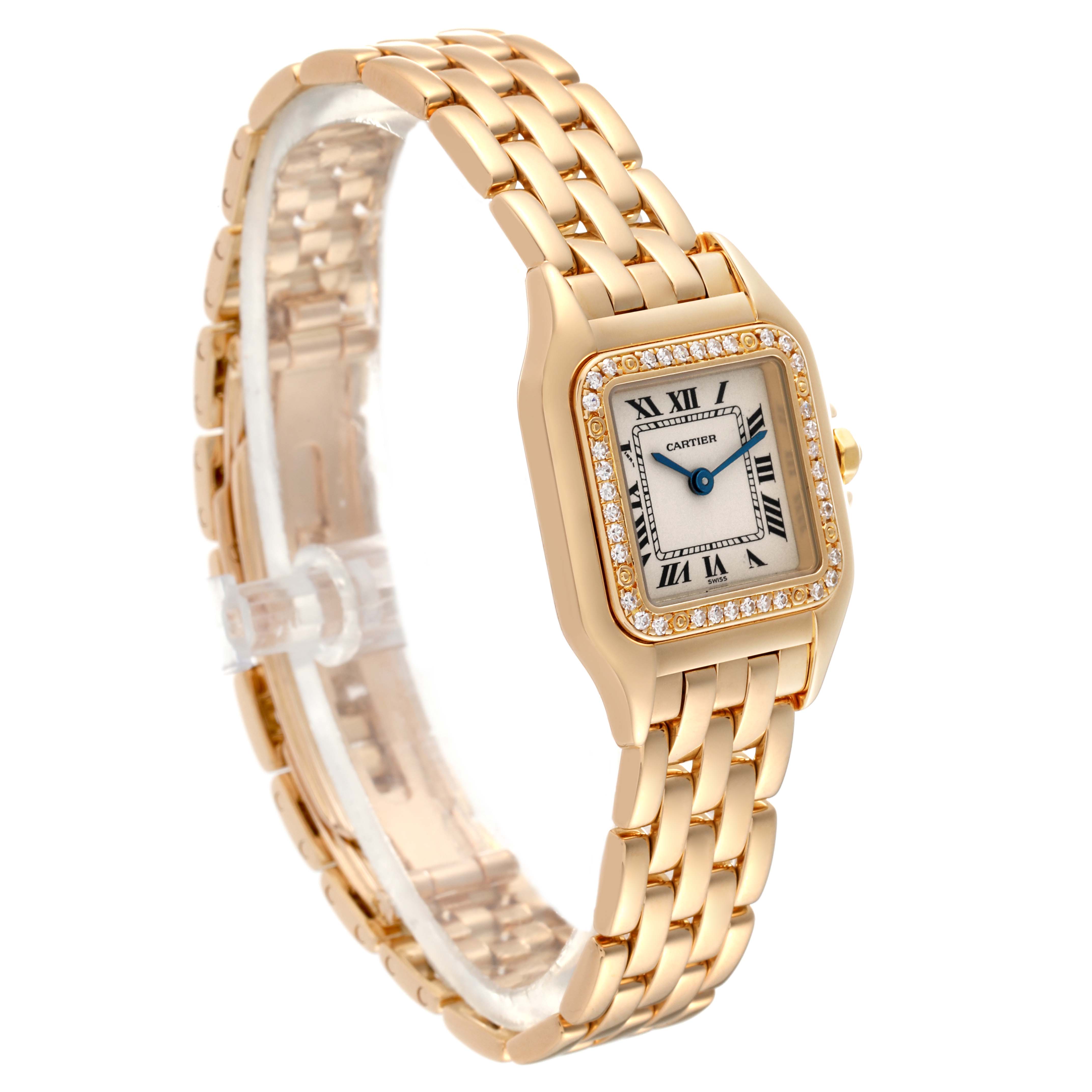 The image shows a Cartier Panthère watch from an angled side view, highlighting its gold bracelet and diamond-encrusted bezel.