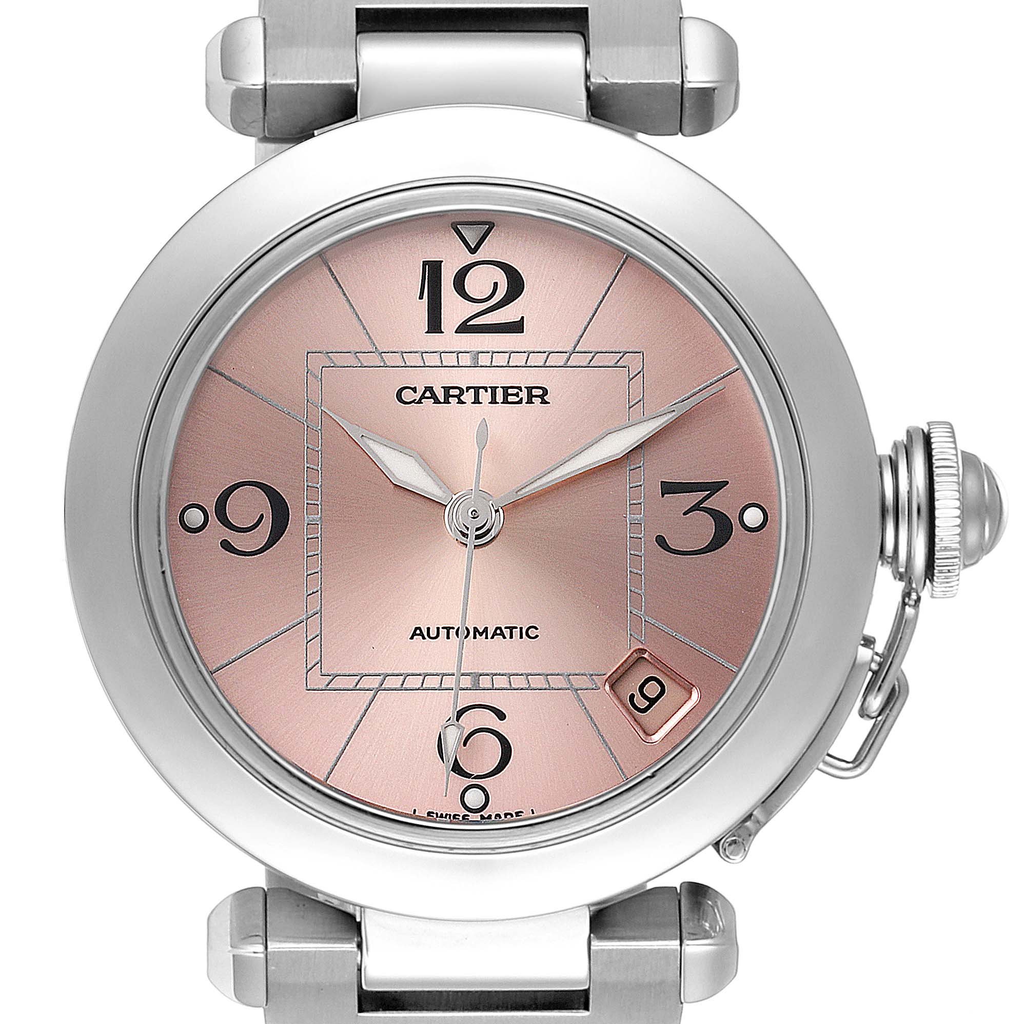 The image shows a close-up, front view of the Cartier Pasha W31075M7 Women's Stainless Steel Pink Dial W31075M7 Women's Stainless Steel Pink Dial watch, highlighting its dial, hands, and date window.
