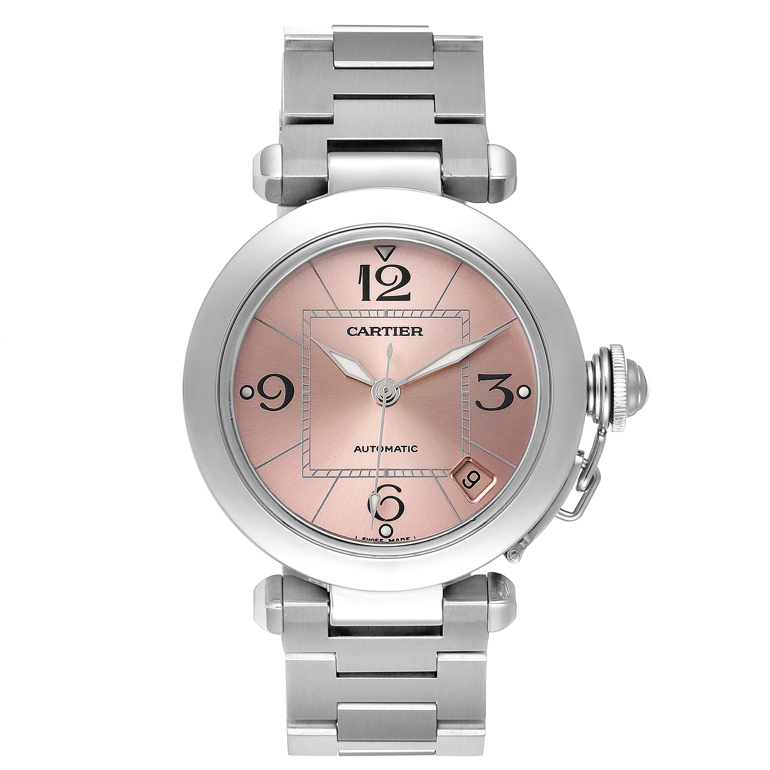 The image shows a front view of a Cartier Pasha W31075M7 Women's Stainless Steel Pink Dial W31075M7 Women's Stainless Steel Pink Dial watch, featuring its face, crown, and metal bracelet.