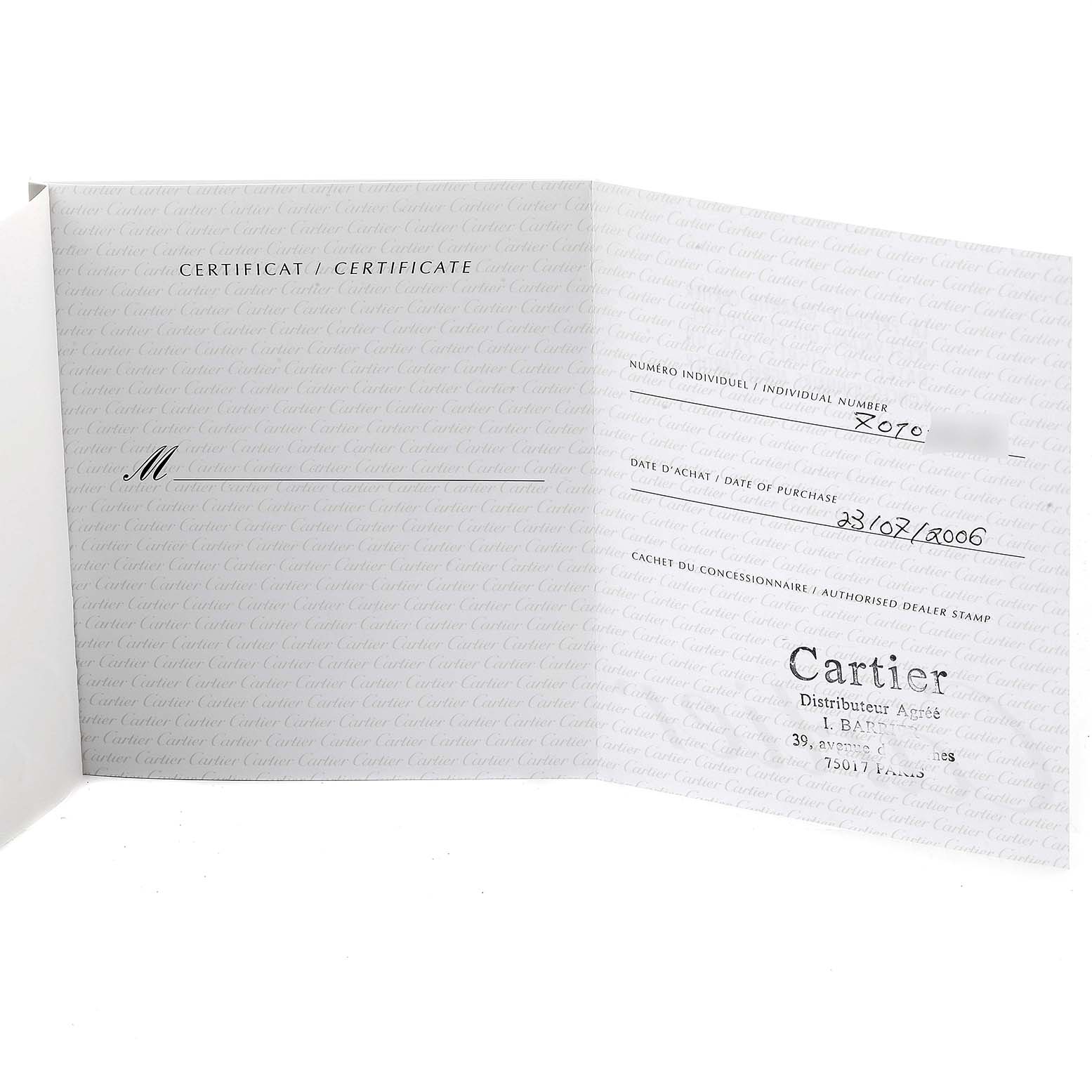 This is the warranty certificate for a Cartier Pasha W31075M7 Women's Stainless Steel Pink Dial W31075M7 Women's Stainless Steel Pink Dial watch, showing purchase details and the authorized dealer's stamp.