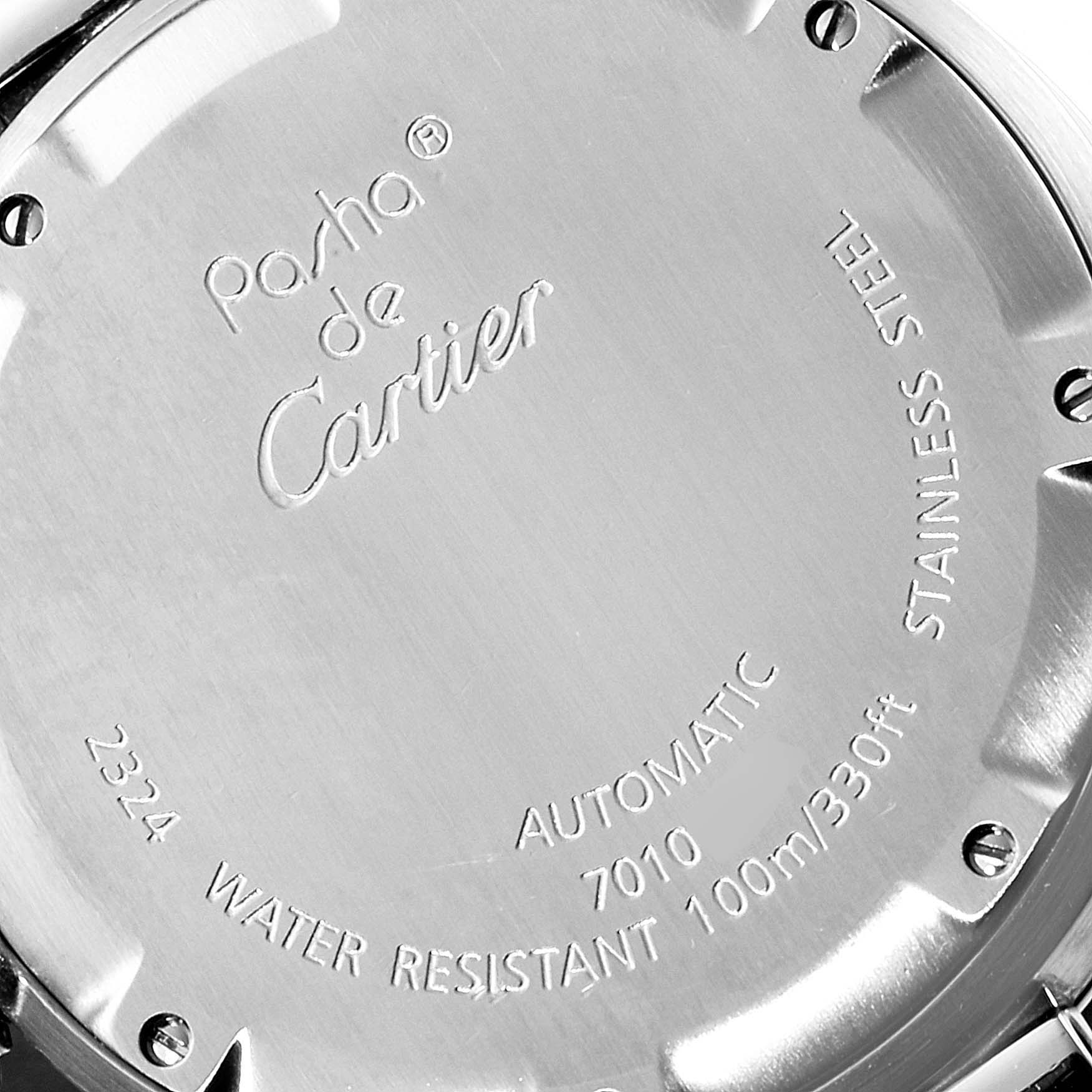 This image shows the back case of a Cartier Pasha W31075M7 Women's Stainless Steel Pink Dial W31075M7 Women's Stainless Steel Pink Dial watch, displaying engraved specifications and branding.