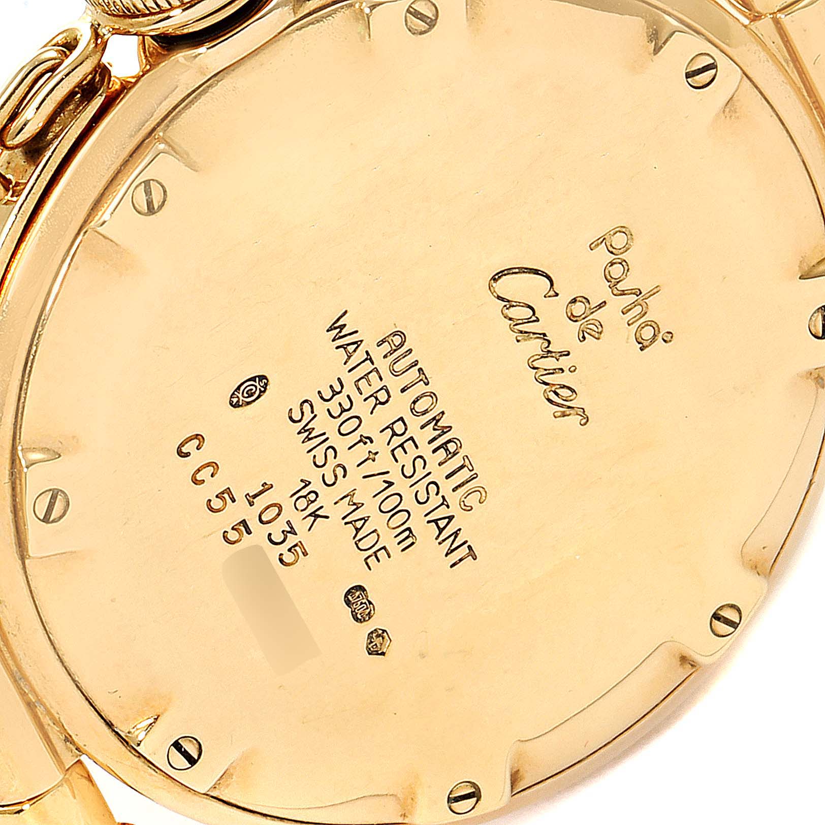 The image shows the back of a Cartier Pasha WJ1110H9 Women's Yellow Gold Silver Dial WJ1110H9 Women's Yellow Gold Silver Dial watch, detailing specifications such as water resistance, material, and movement type.