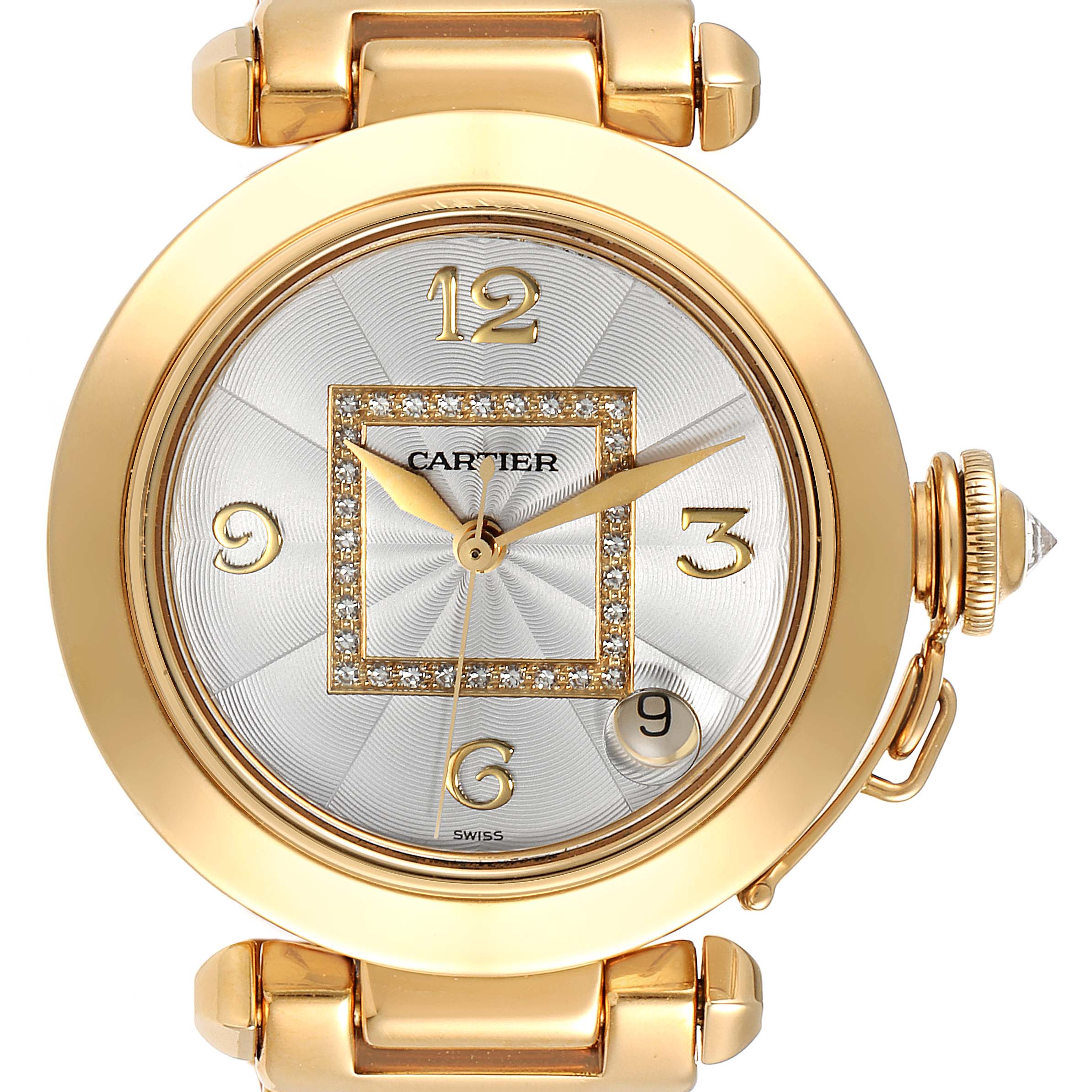 This is a close-up view of the dial and bezel of a Cartier Pasha WJ1110H9 Women's Yellow Gold Silver Dial WJ1110H9 Women's Yellow Gold Silver Dial watch, showing golden accents and a date window.