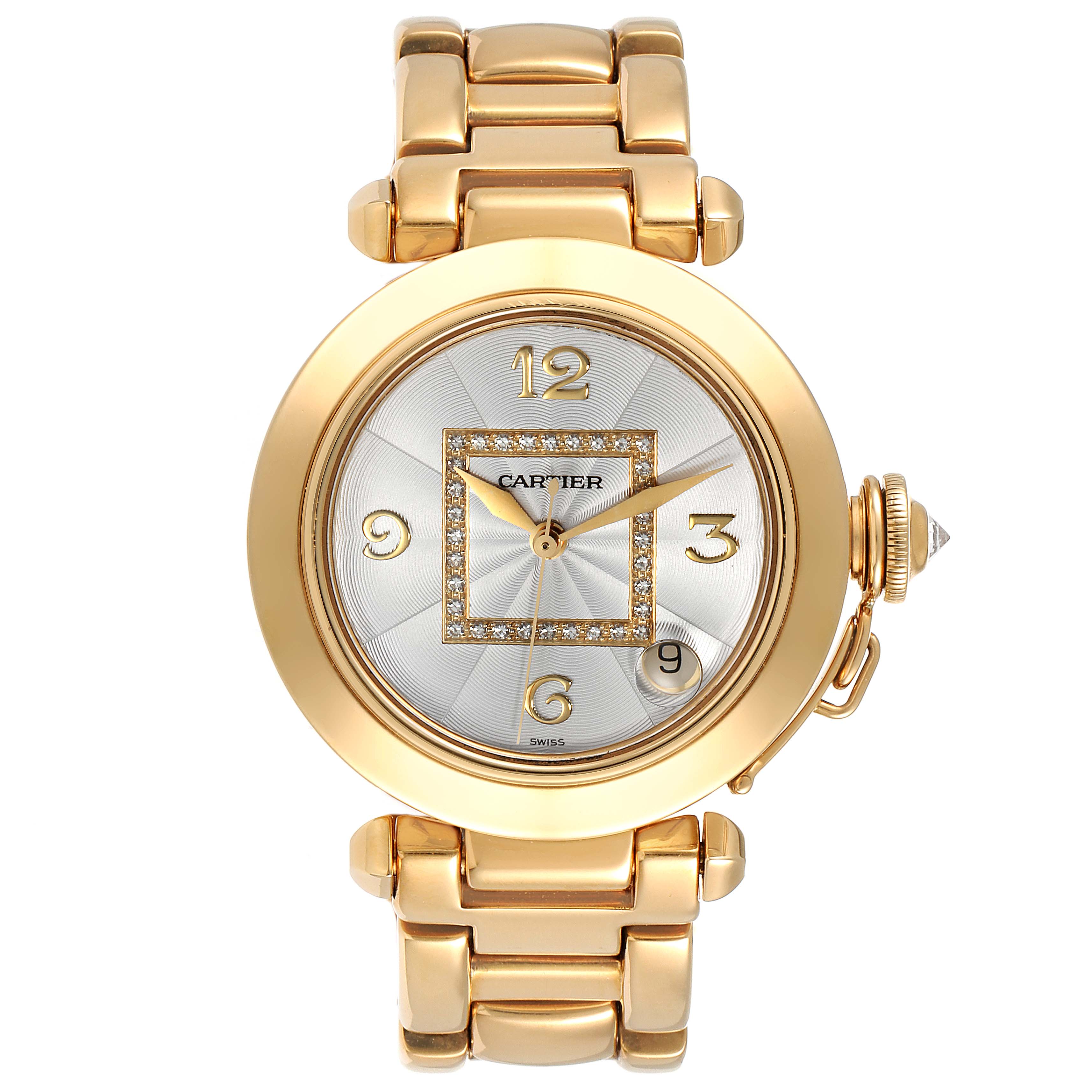 This image shows a frontal view of the Cartier Pasha WJ1110H9 Women's Yellow Gold Silver Dial WJ1110H9 Women's Yellow Gold Silver Dial watch, highlighting its gold case, bracelet, and silver dial with diamond accents.