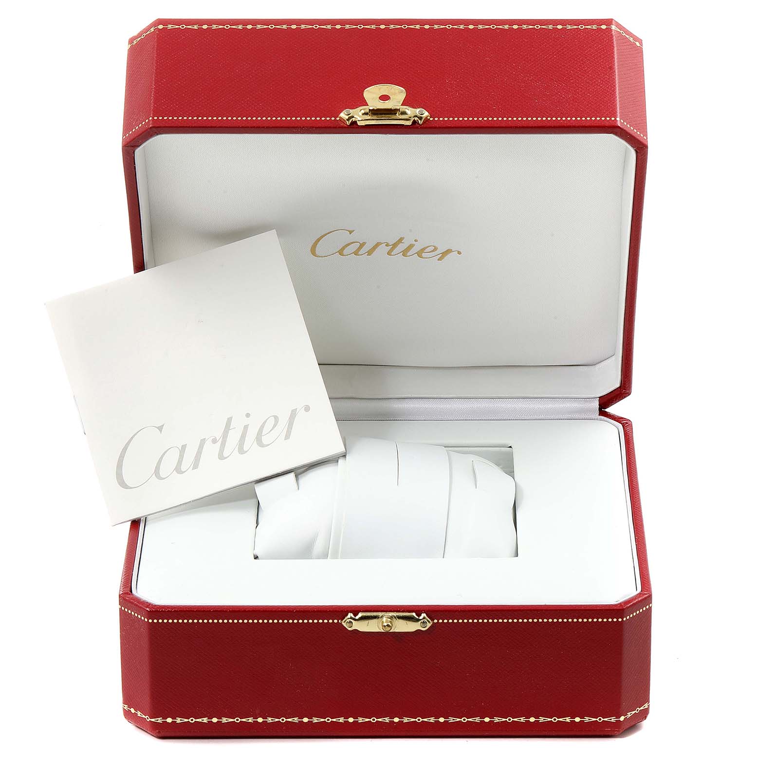 The image shows a Cartier Pasha WJ1110H9 Women's Yellow Gold Silver Dial WJ1110H9 Women's Yellow Gold Silver Dial watch box, containing watch accessories and an open booklet from a top-down angle.