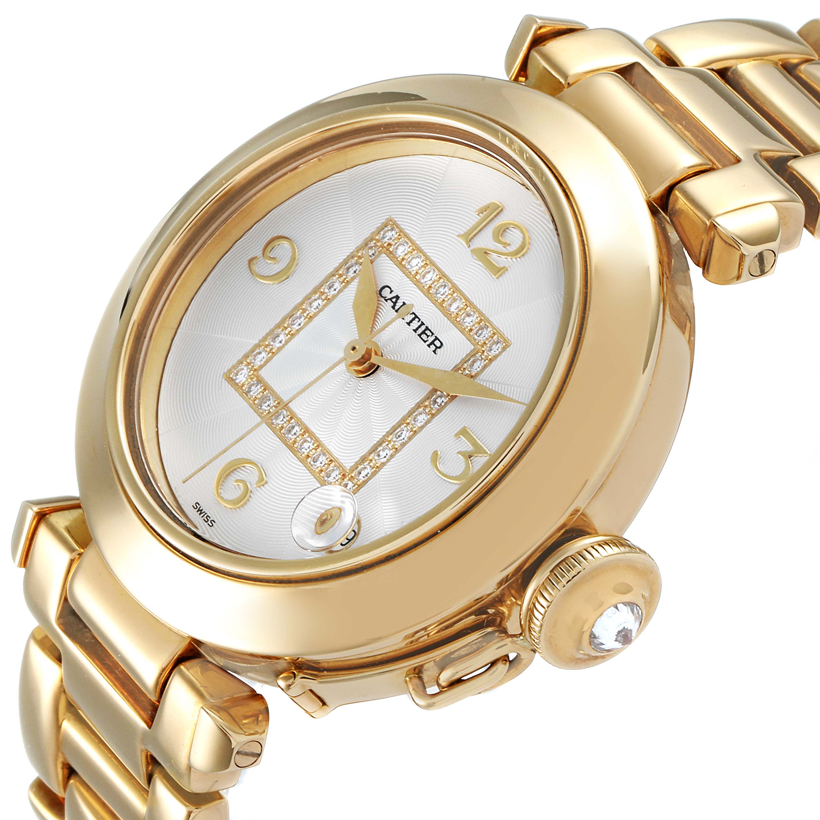 The image shows a Cartier Pasha WJ1110H9 Women's Yellow Gold Silver Dial WJ1110H9 Women's Yellow Gold Silver Dial watch at a slight angle, highlighting its gold case, bracelet, and crown with a diamond-set dial.