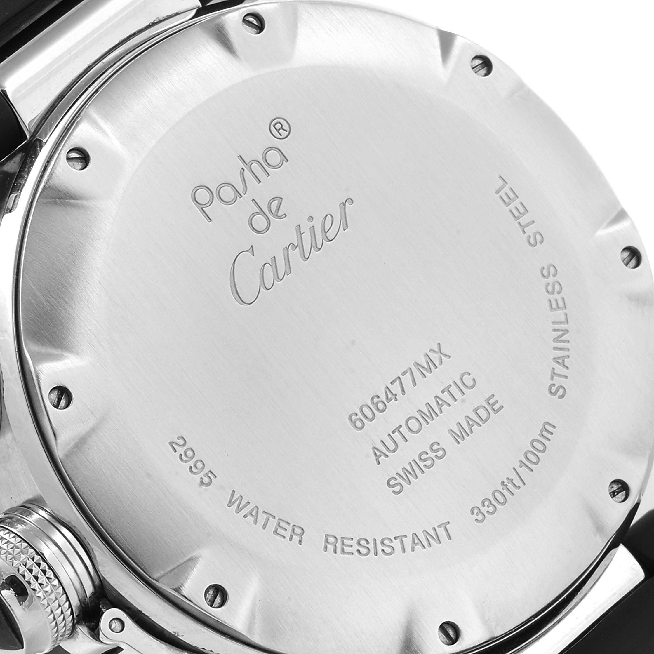 This image shows the back case of a Pasha model by Cartier, highlighting its engravings and water resistance details.