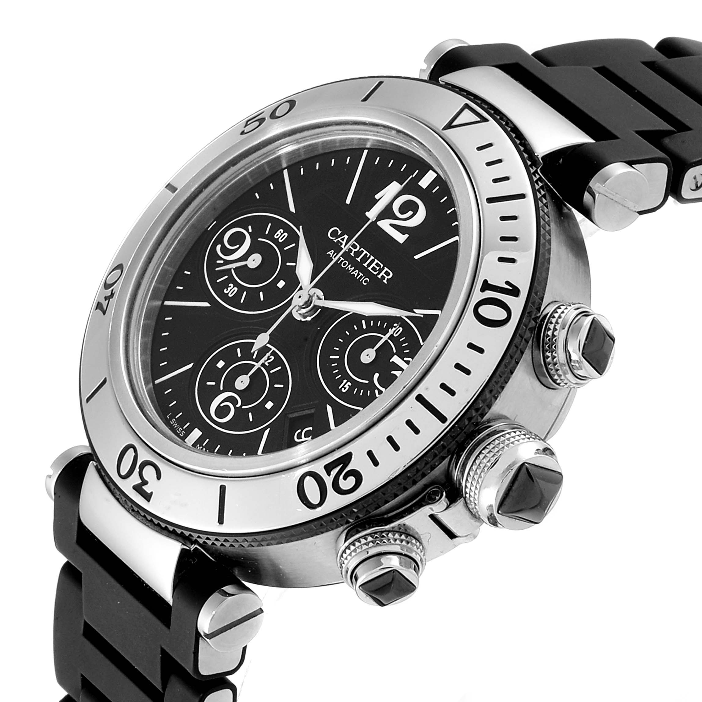 The Cartier Pasha W31088U2 Men's Stainless Steel Black Dial W31088U2 Men's Stainless Steel Black Dial watch is shown from an oblique angle displaying its face, bezel, and side buttons with a black strap.