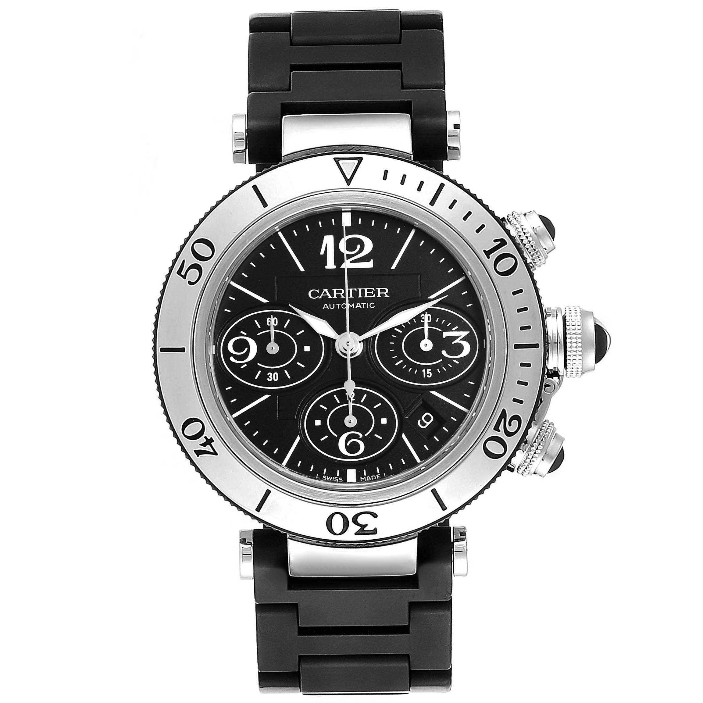 The Cartier Pasha W31088U2 Men's Stainless Steel Black Dial W31088U2 Men's Stainless Steel Black Dial watch is shown from a frontal angle, displaying its black dial, chronograph subdials, and black bracelet.